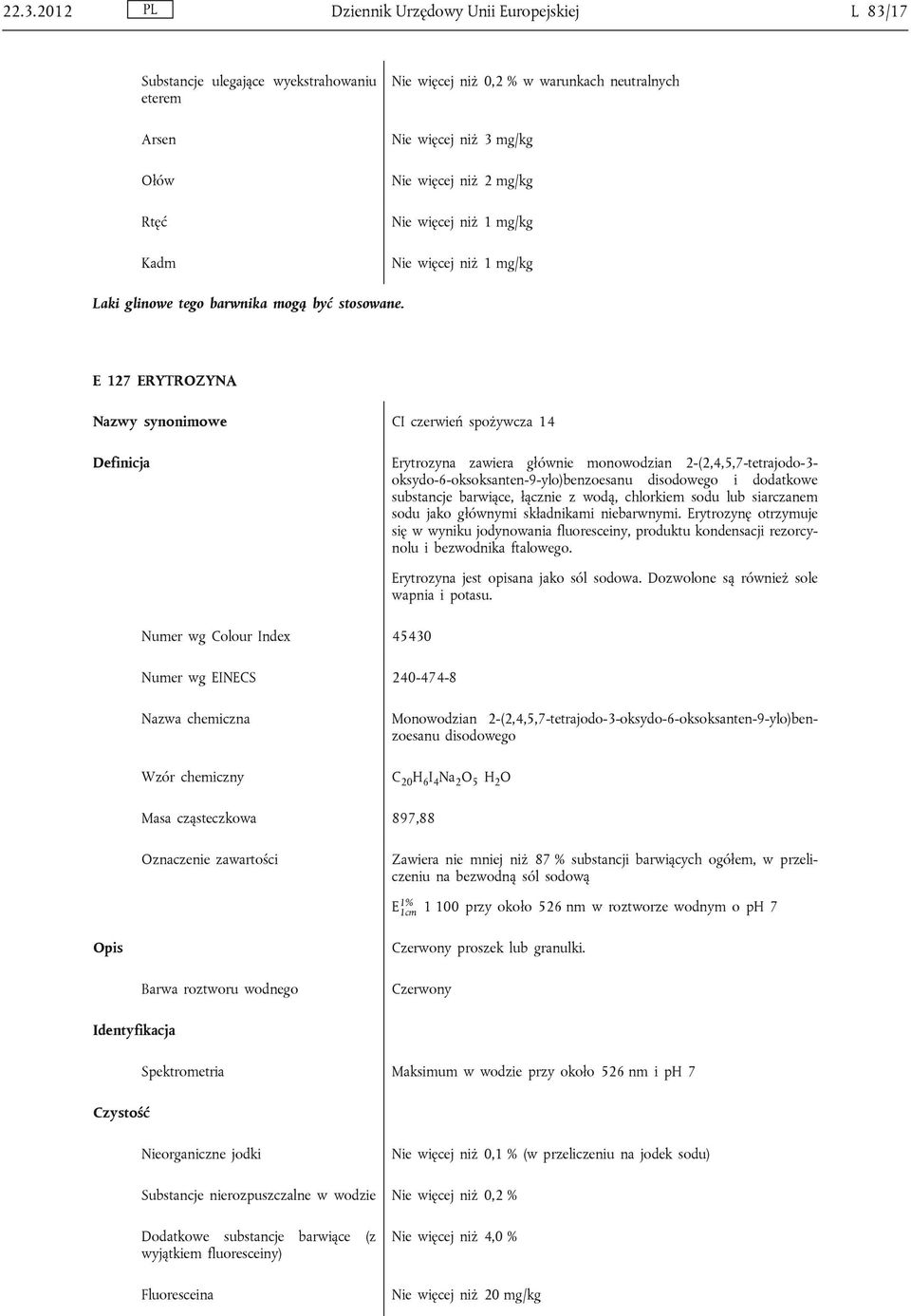 wodą, chlorkiem sodu lub siarczanem sodu jako głównymi składnikami niebarwnymi. Erytrozynę otrzymuje się w wyniku jodynowania fluoresceiny, produktu kondensacji rezorcy nolu i bezwodnika ftalowego.