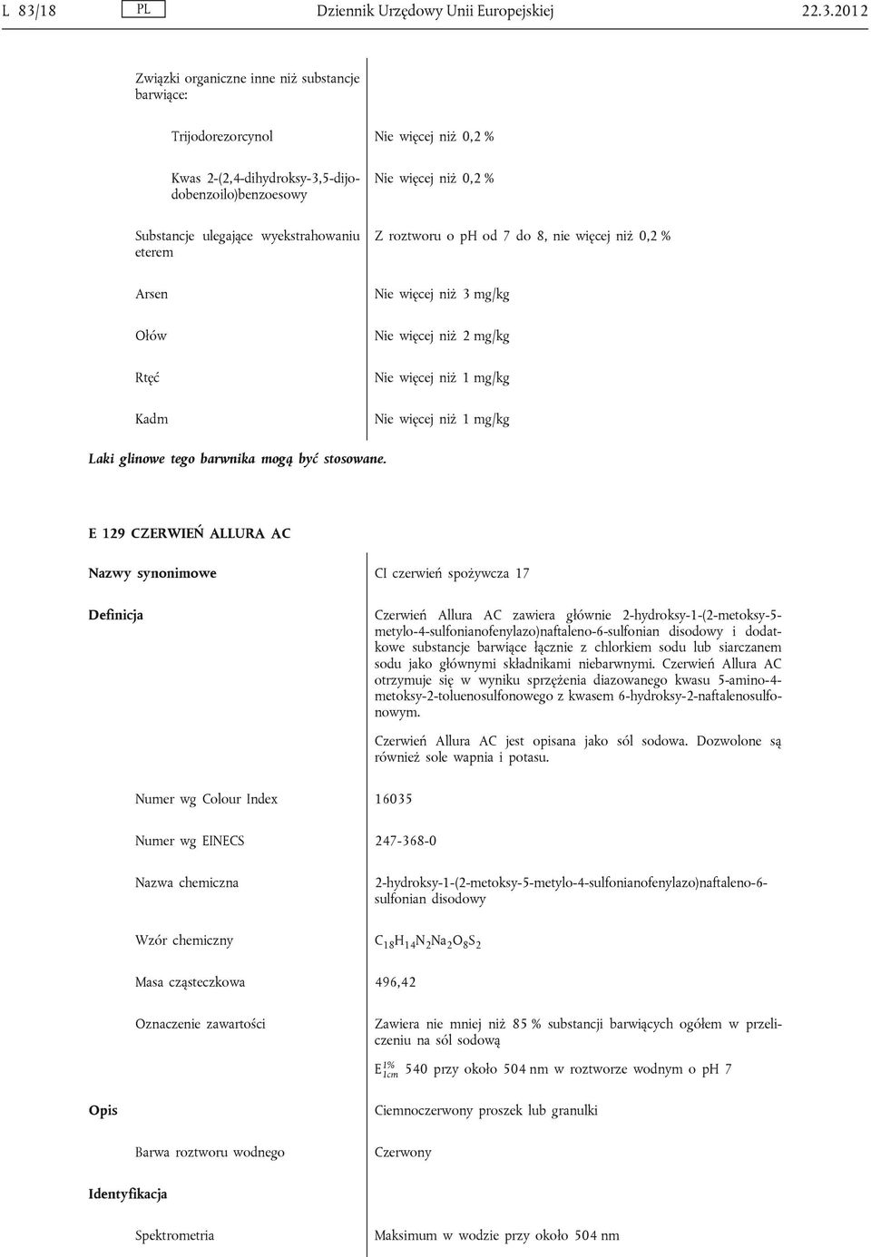 E 129 CZERWIEŃ ALLURA AC CI czerwień spożywcza 17 Czerwień Allura AC zawiera głównie 2-hydroksy-1-(2-metoksy-5metylo-4-sulfonianofenylazo)naftaleno-6-sulfonian disodowy i dodat kowe substancje