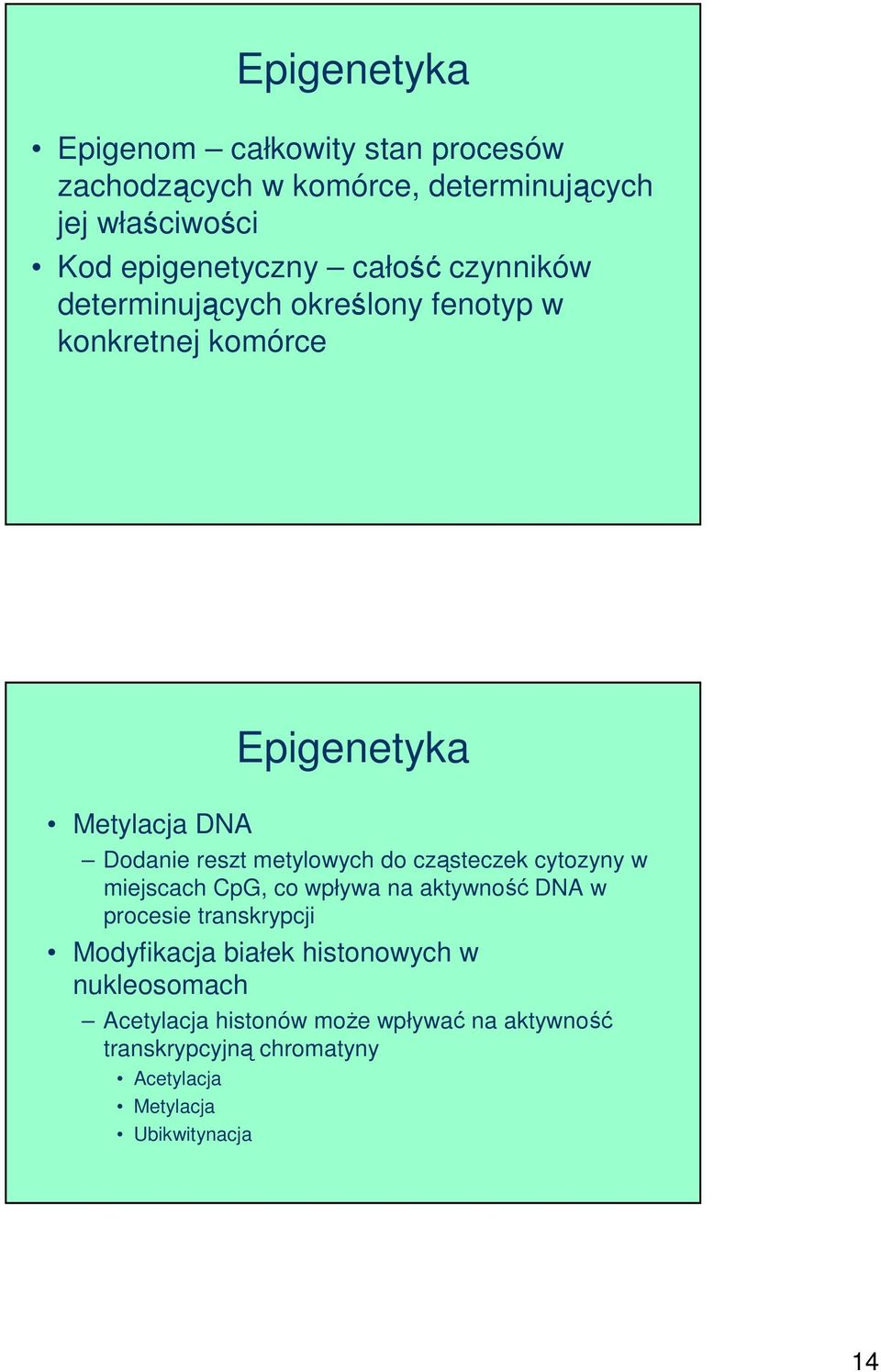 metylowych do cząsteczek cytozyny w miejscach CpG, co wpływa na aktywność DNA w procesie transkrypcji Modyfikacja białek