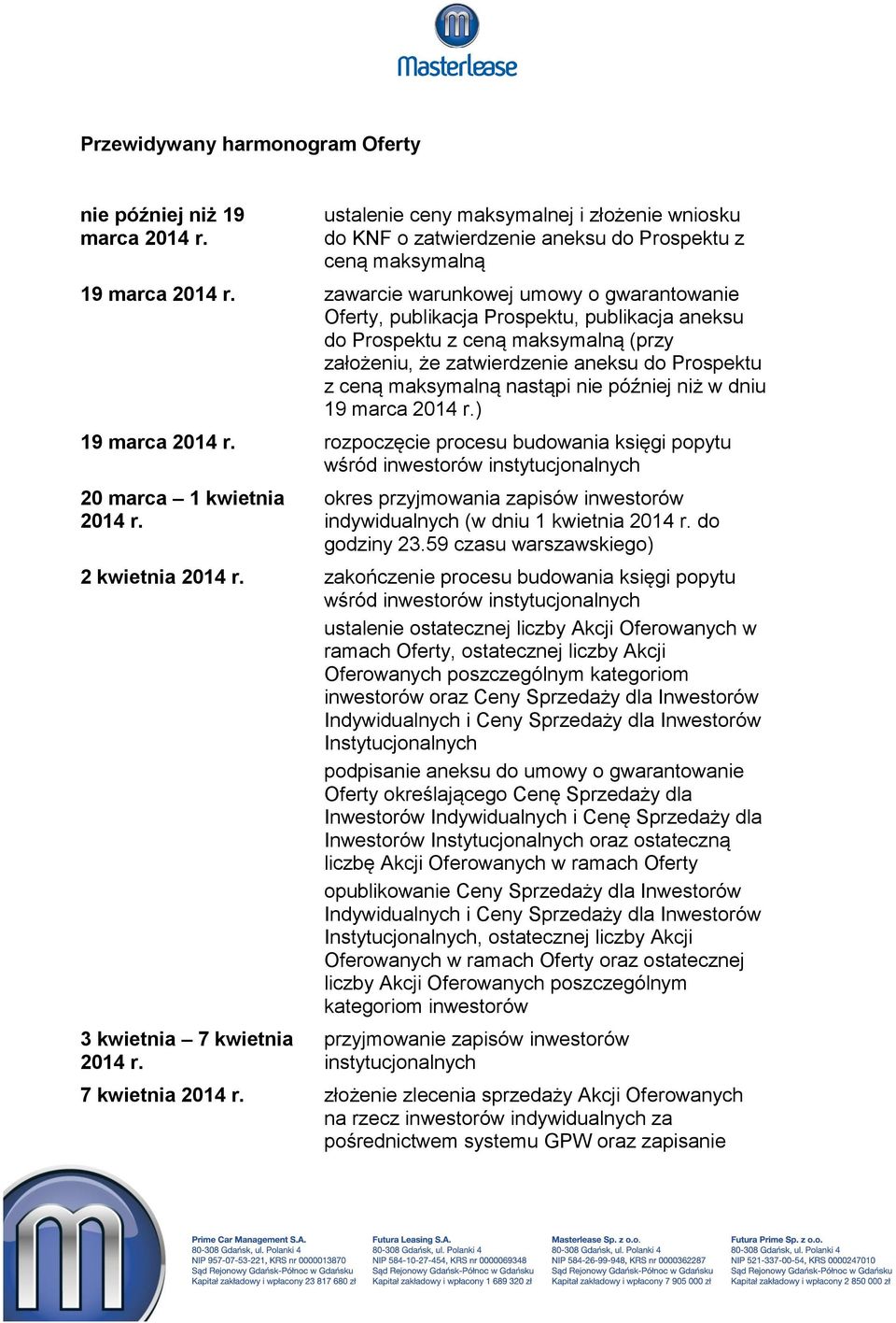 nastąpi nie później niż w dniu 19 marca 2014 r.) 19 marca 2014 r. rozpoczęcie procesu budowania księgi popytu wśród inwestorów instytucjonalnych 20 marca 1 kwietnia 2014 r.