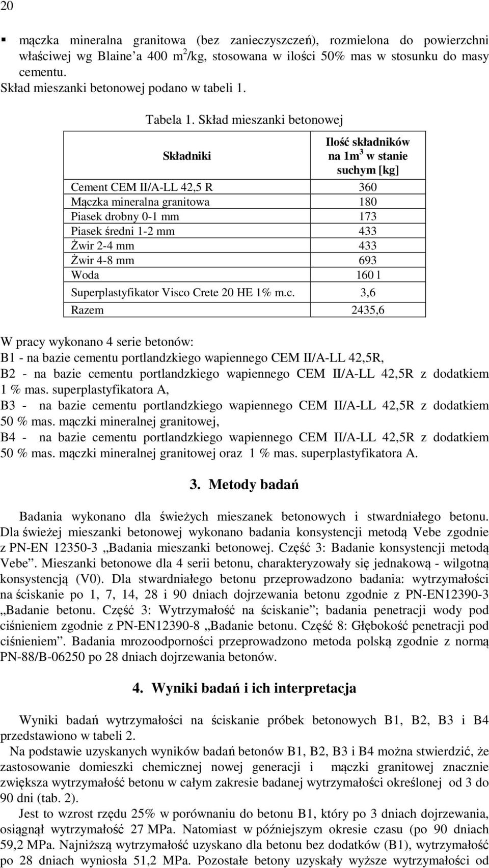 Skład mieszanki betonowej Ilość składników Składniki na 1m 3 w stanie suchym [kg] Cement CEM II/A-LL 42,5 R 360 Mączka mineralna granitowa 180 Piasek drobny 0-1 mm 173 Piasek średni 1-2 mm 433 Żwir