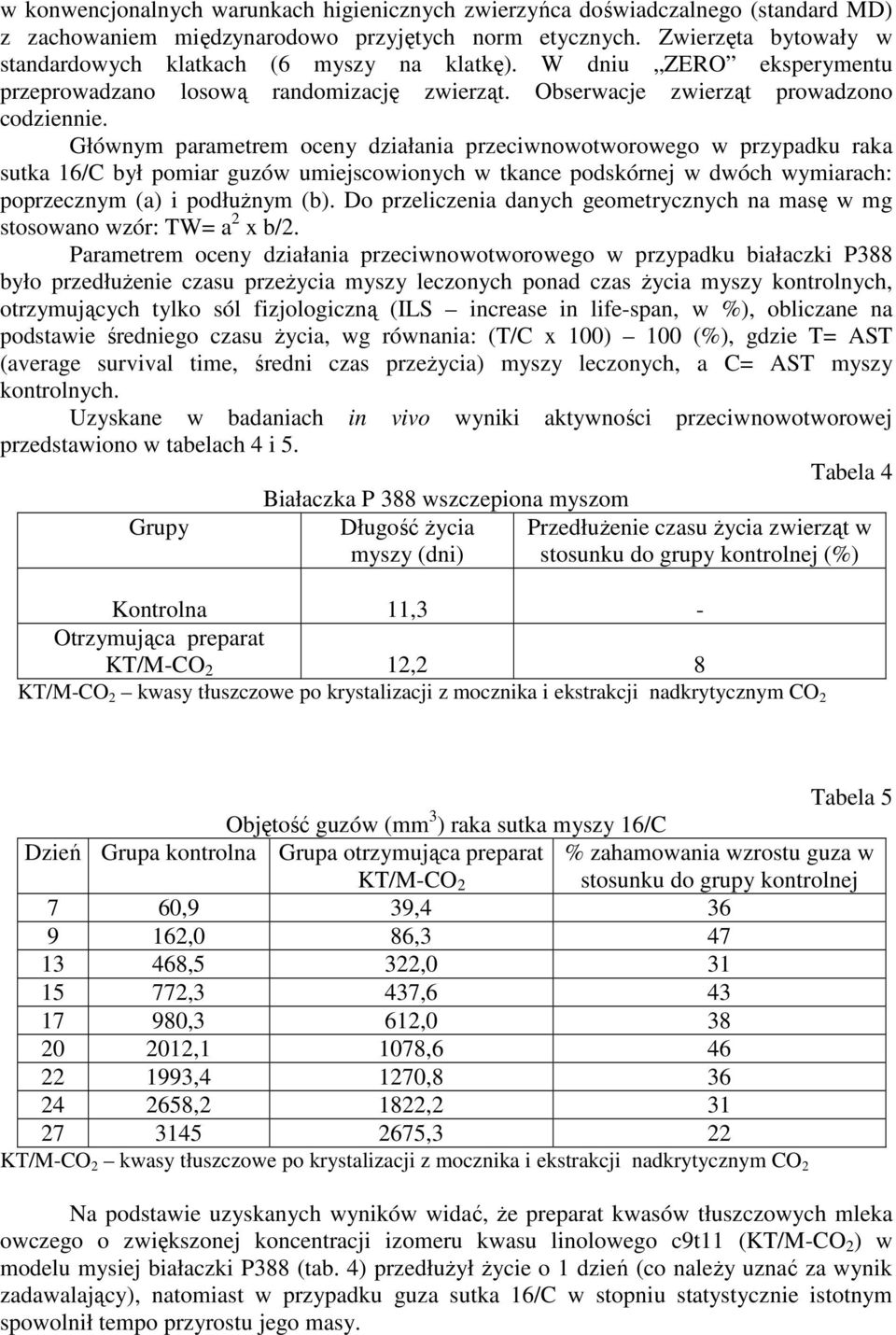 Głównym parametrem oceny działania przeciwnowotworowego w przypadku raka sutka 16/C był pomiar guzów umiejscowionych w tkance podskórnej w dwóch wymiarach: poprzecznym (a) i podłuŝnym (b).