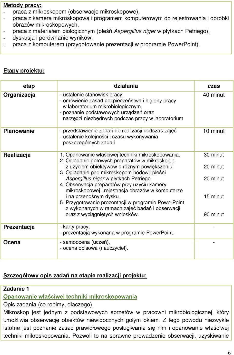 Etapy projektu: etap działania czas Organizacja - ustalenie stanowisk pracy, - omówienie zasad bezpieczeństwa i higieny pracy w laboratorium mikrobiologicznym, - poznanie podstawowych urządzeń oraz