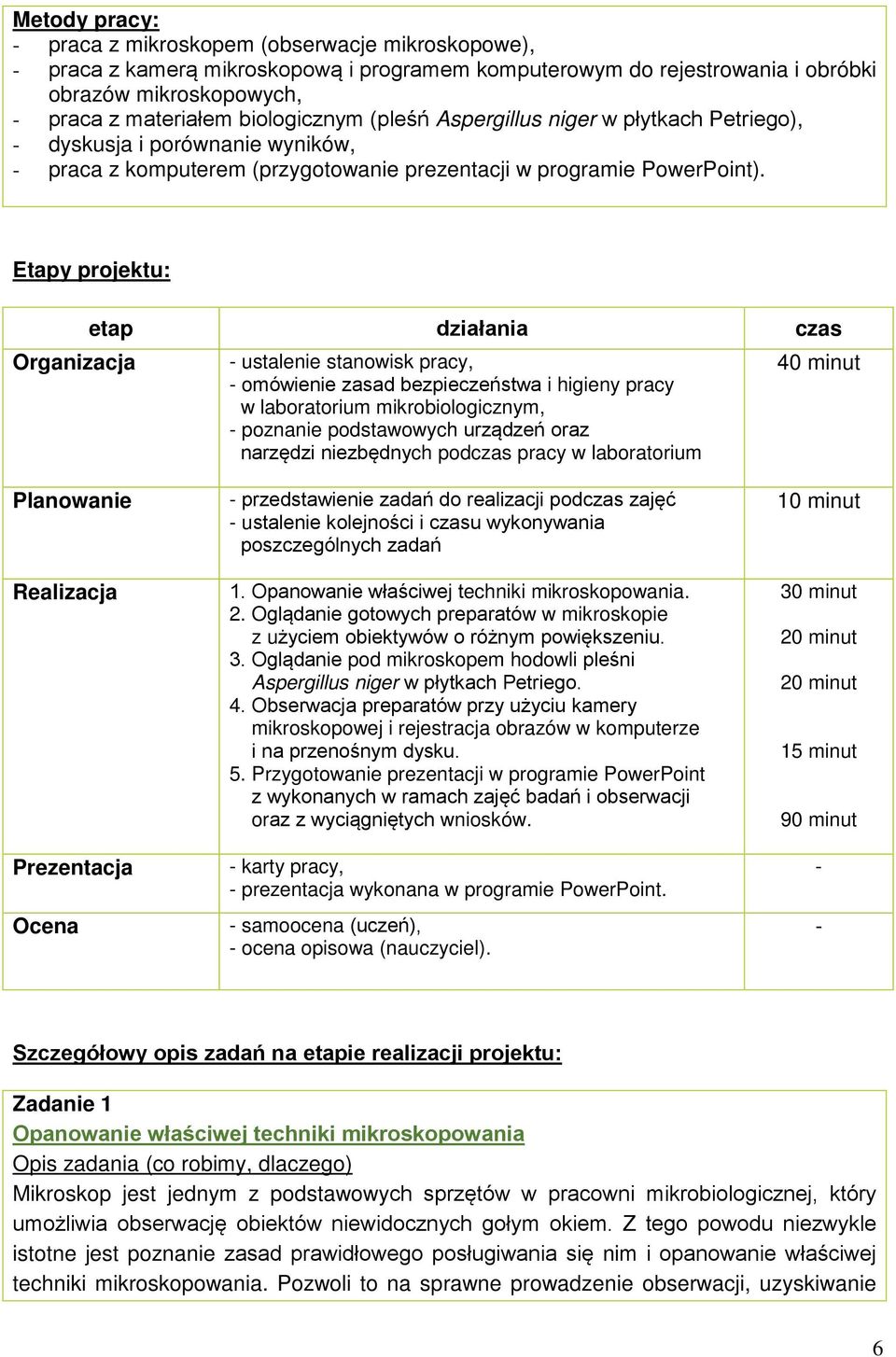 Etapy projektu: etap działania czas Organizacja - ustalenie stanowisk pracy, - omówienie zasad bezpieczeństwa i higieny pracy w laboratorium mikrobiologicznym, - poznanie podstawowych urządzeń oraz