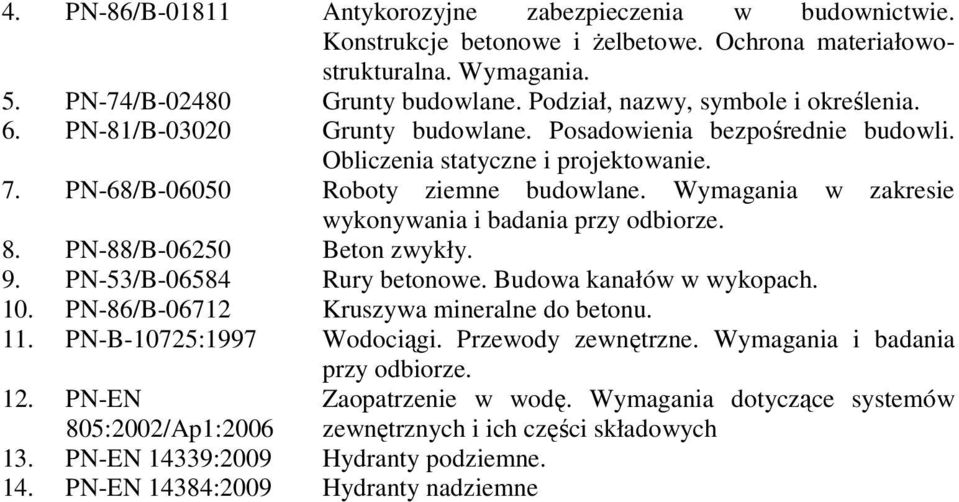 Wymagania w zakresie wykonywania i badania przy odbiorze. 8. PN-88/B-06250 Beton zwykły. 9. PN-53/B-06584 Rury betonowe. Budowa kanałów w wykopach. 10. PN-86/B-06712 Kruszywa mineralne do betonu. 11.