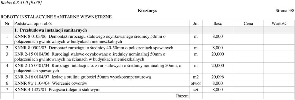 rurociągu o średnicy 40-50mm o połączeniach spawanych m 8,000 3 KNR 2-15 0104/06 Rurociągi stalowe ocynkowane o średnicy nominalnej 50mm o m 20,000 połączeniach gwintowanych na ścianach w