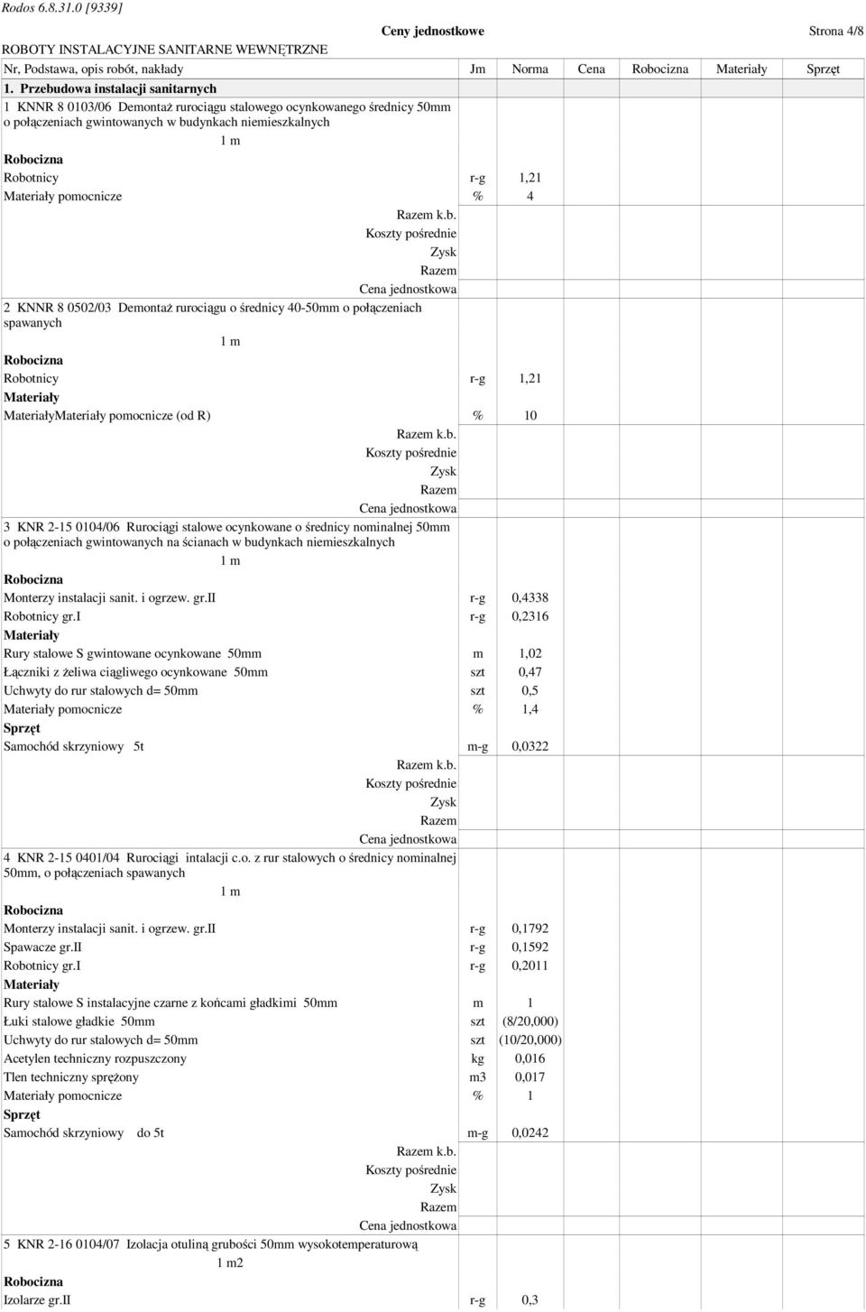 4 k.b. 2 KNNR 8 0502/03 Demontaż rurociągu o średnicy 40-50mm o połączeniach spawanych 1 m Robotnicy r-g 1,21 pomocnicze (od R) % 10 k.b. 3 KNR 2-15 0104/06 Rurociągi stalowe ocynkowane o średnicy nominalnej 50mm o połączeniach gwintowanych na ścianach w budynkach niemieszkalnych 1 m Monterzy instalacji sanit.