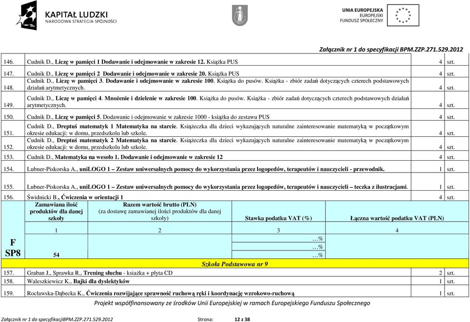 MnoŜenie i dzielenie w zakresie 100. KsiąŜka do pusów. KsiąŜka - zbiór zadań dotyczących czterech podstawowych działań arytmetycznych. 150. Cudnik D., Liczę w pamięci 5.