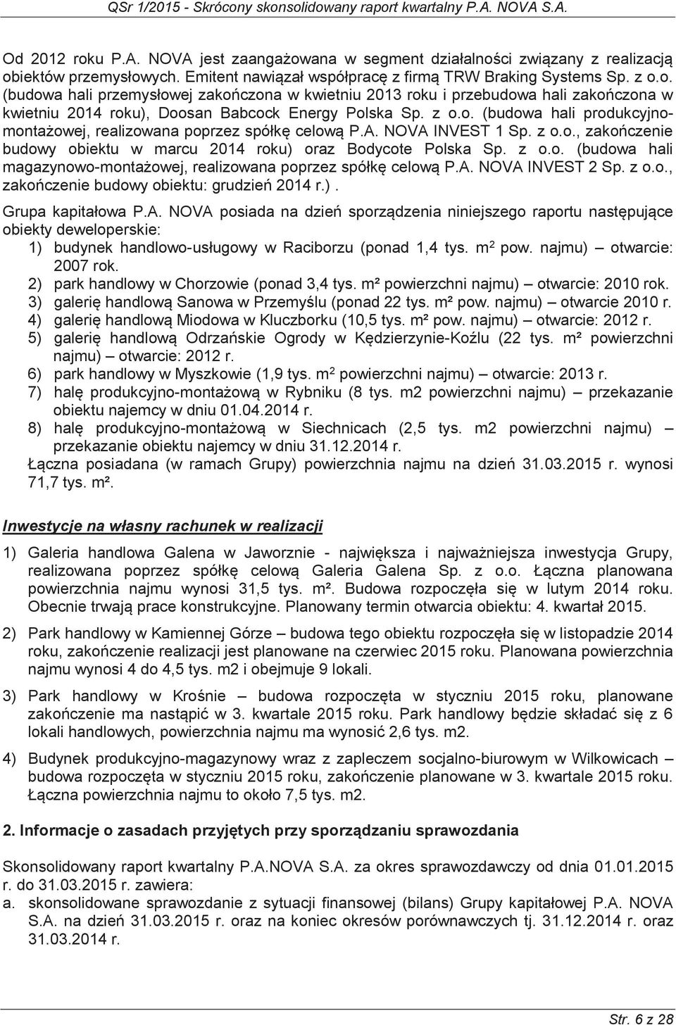 A. NOVA INVEST 2 Sp. z o.o., zakończenie budowy obiektu: grudzień 2014 r.). Grupa kapitałowa P.A. NOVA posiada na dzień sporządzenia niniejszego raportu następujące obiekty deweloperskie: 1) budynek handlowo-usługowy w Raciborzu (ponad 1,4 tys.