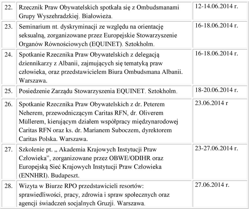 Posiedzenie Zarządu Stowarzyszenia EQUINET. Sztokholm. 18-20.06.2014 r. 26. Spotkanie Rzecznika Praw Obywatelskich z dr. Peterem Neherem, przewodniczącym Caritas RFN, dr.