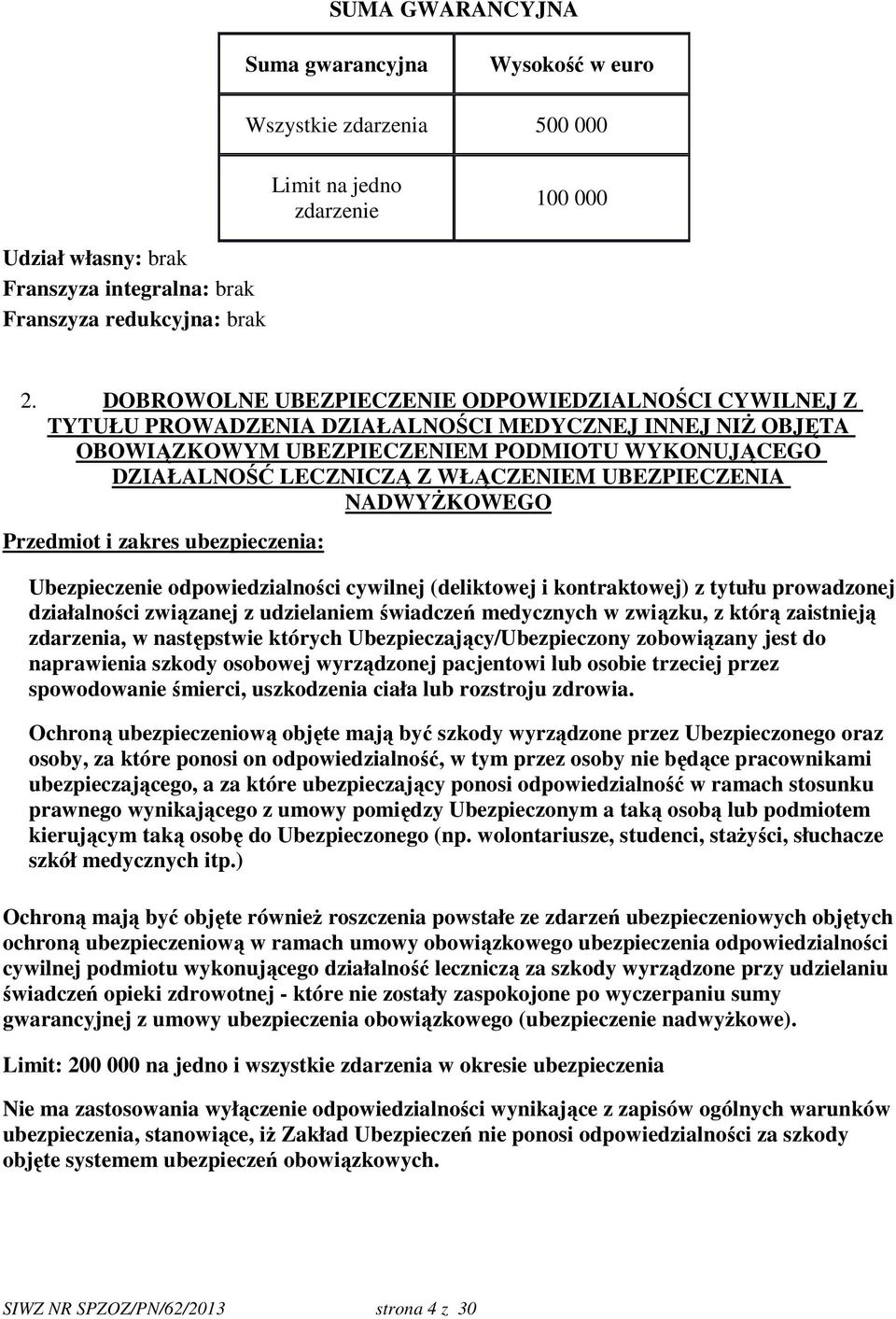 UBEZPIECZENIA NADWYŻKOWEGO Przedmiot i zakres ubezpieczenia: Ubezpieczenie odpowiedzialności cywilnej (deliktowej i kontraktowej) z tytułu prowadzonej działalności związanej z udzielaniem świadczeń