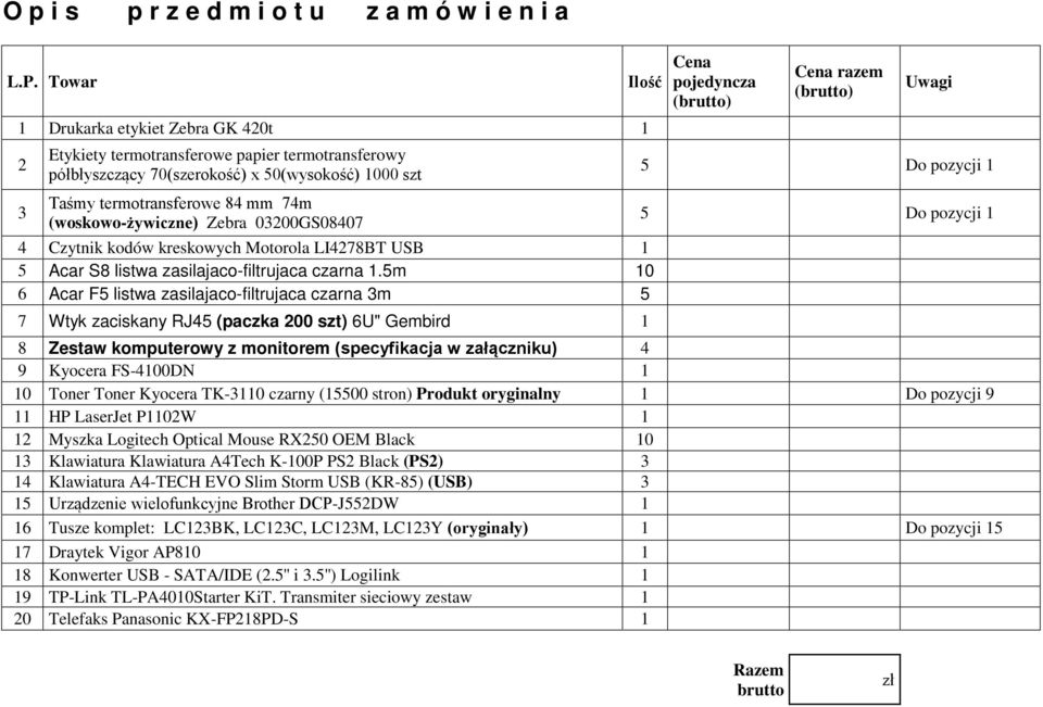 Do pozycji 1 3 Taśmy termotransferowe 84 mm 74m (woskowo-żywiczne) Zebra 03200GS08407 5 Do pozycji 1 4 Czytnik kodów kreskowych Motorola LI4278BT USB 1 5 Acar S8 listwa zasilajaco-filtrujaca czarna 1.