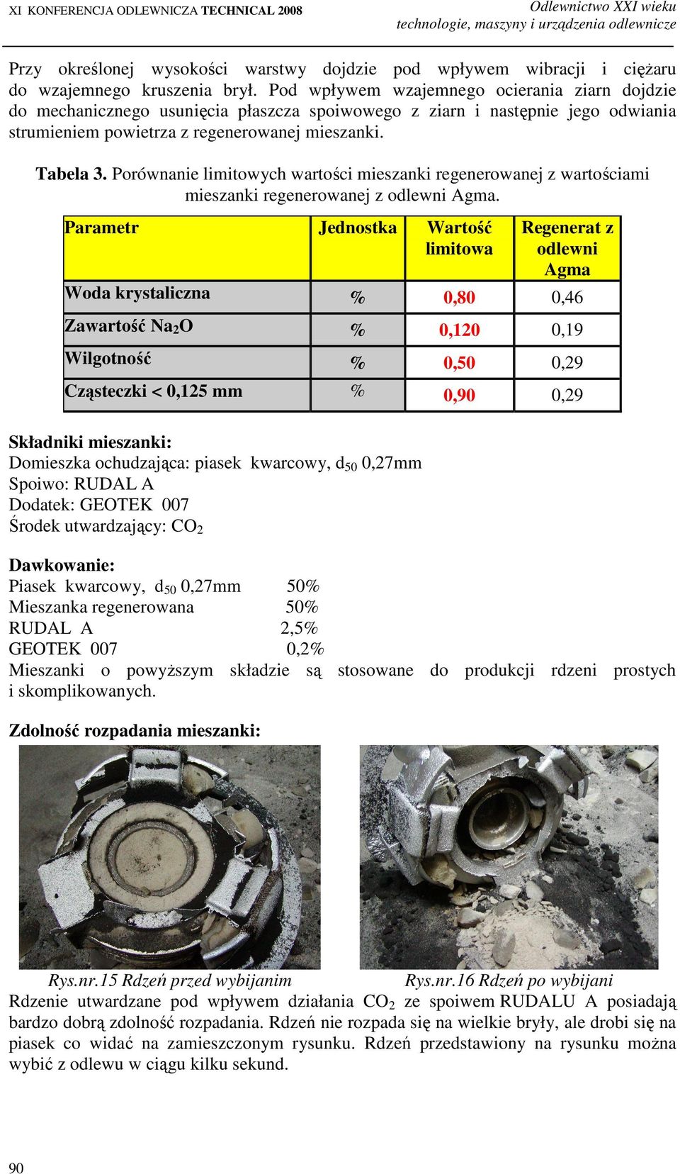 Porównanie limitowych wartości mieszanki regenerowanej z wartościami mieszanki regenerowanej z odlewni Agma.
