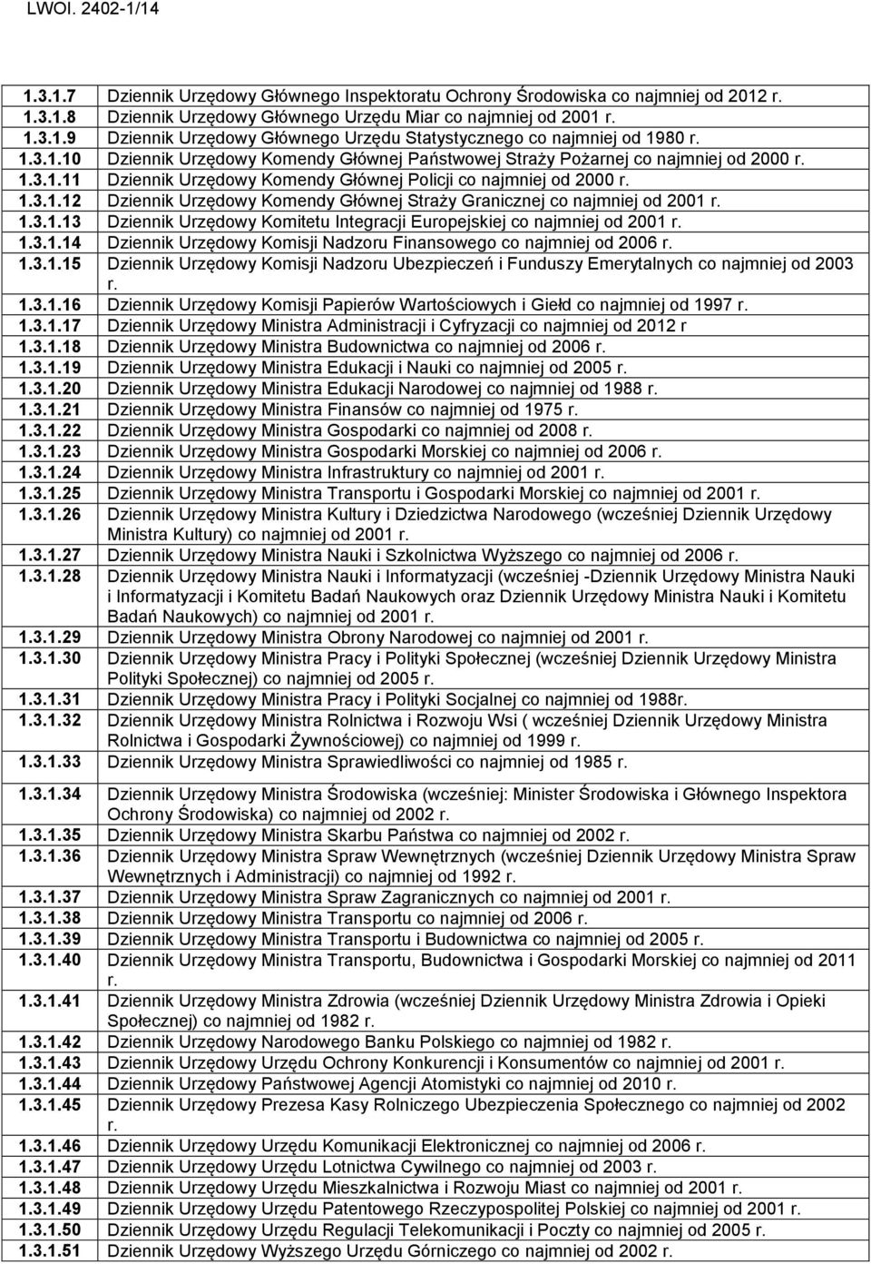 1.3.1.13 Dziennik Urzędowy Komitetu Integracji Europejskiej co najmniej od 2001 r. 1.3.1.14 Dziennik Urzędowy Komisji Nadzoru Finansowego co najmniej od 2006 r. 1.3.1.15 Dziennik Urzędowy Komisji Nadzoru Ubezpieczeń i Funduszy Emerytalnych co najmniej od 2003 r.