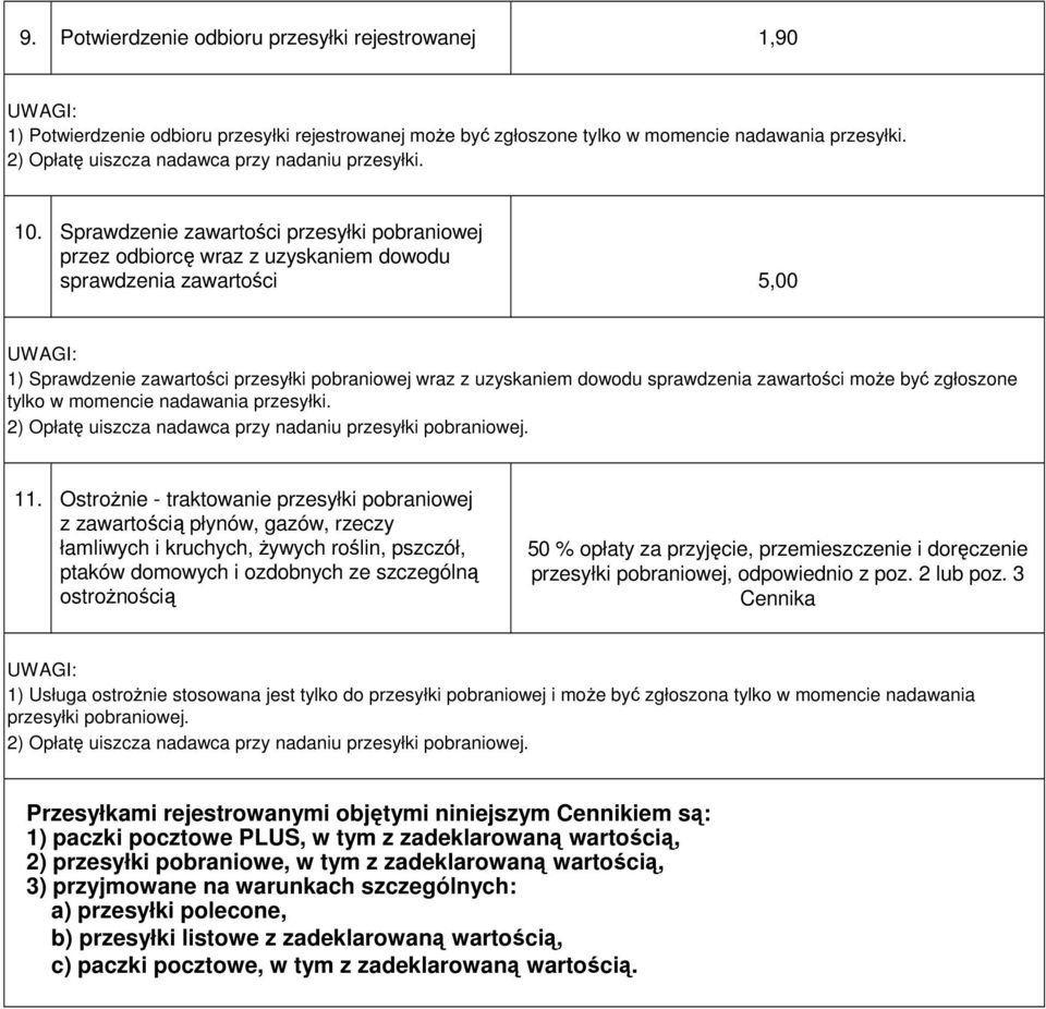 Sprawdzenie zawartości przesyłki pobraniowej przez odbiorcę wraz z uzyskaniem dowodu sprawdzenia zawartości 5,00 1) Sprawdzenie zawartości przesyłki pobraniowej wraz z uzyskaniem dowodu sprawdzenia