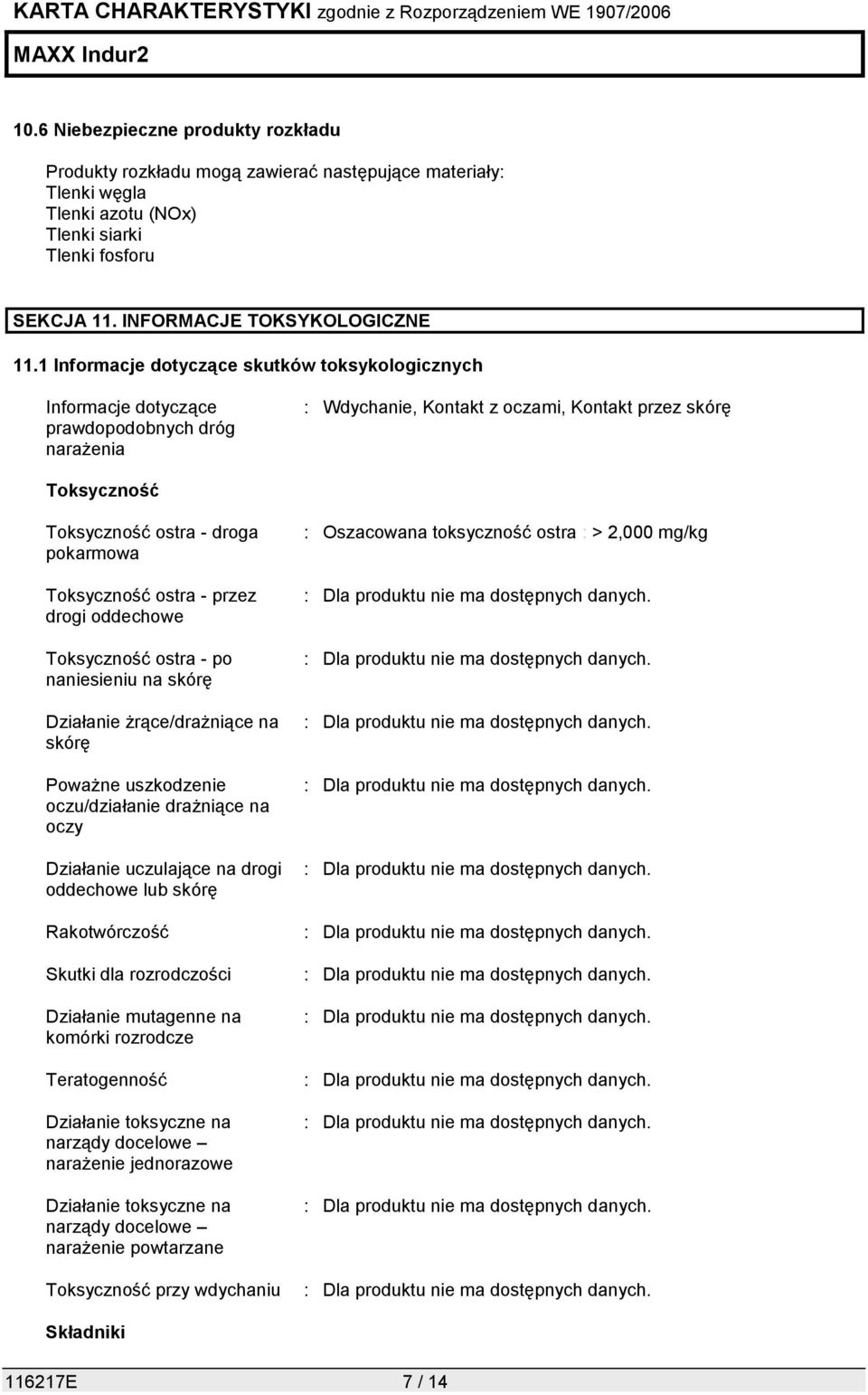 Toksyczność ostra - przez drogi oddechowe Toksyczność ostra - po naniesieniu na skórę Działanie żrące/drażniące na skórę Poważne uszkodzenie oczu/działanie drażniące na oczy Działanie uczulające na