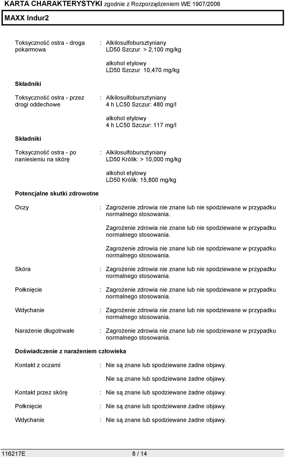 alkohol etylowy LD50 Królik: 15,800 mg/kg Potencjalne skutki zdrowotne Oczy : Zagrożenie zdrowia nie znane lub nie spodziewane w przypadku normalnego stosowania.