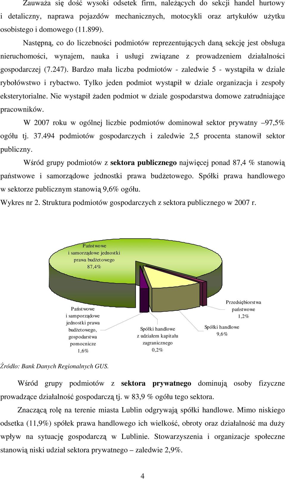 Bardzo mała liczba podmiotów - zaledwie 5 - wystąpiła w dziale rybołówstwo i rybactwo. Tylko jeden podmiot wystąpił w dziale organizacja i zespoły eksterytorialne.