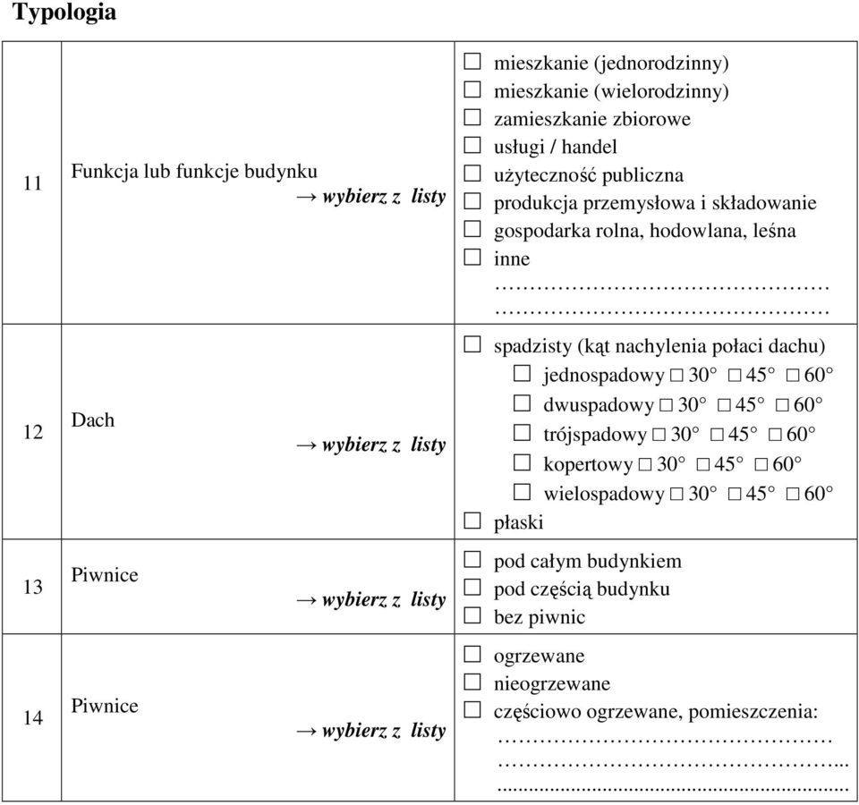 gospodarka rolna, hodowlana, leśna inne spadzisty (kąt nachylenia połaci dachu) jednospadowy 30 45 60 dwuspadowy 30 45 60 trójspadowy 30 45 60