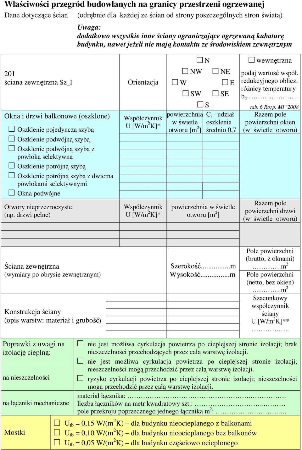 podwójną szybą Oszklenie podwójną szybą z powłoką selektywną Oszklenie potrójną szybą Oszklenie potrójną szybą z dwiema powłokami selektywnymi Okna podwójne Otwory nieprzezroczyste (np.