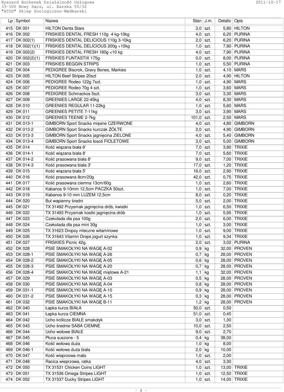 7,90 PURINA 420 DK 002(2)(1) FRISKIES FUNTASTIX 175g 0,0 szt. 8,00 PURINA 421 DK 003 FRISKIES BEGGIN STRIPS 1,0 szt. 5,50 PURINA 422 DK 004 PEDIGREE Biscrok, Gravy Bones, Markies 1,0 szt.
