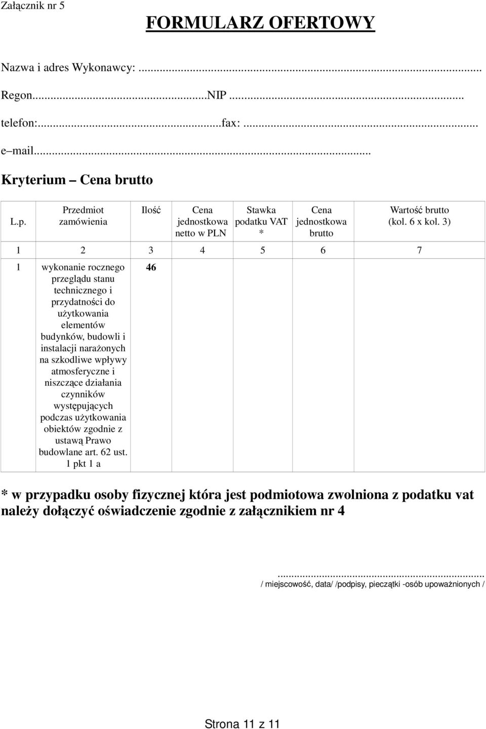 3) 1 2 3 4 5 6 7 1 wykonanie rocznego przeglądu stanu technicznego i przydatności do użytkowania elementów budynków, budowli i instalacji narażonych na szkodliwe wpływy atmosferyczne i niszczące