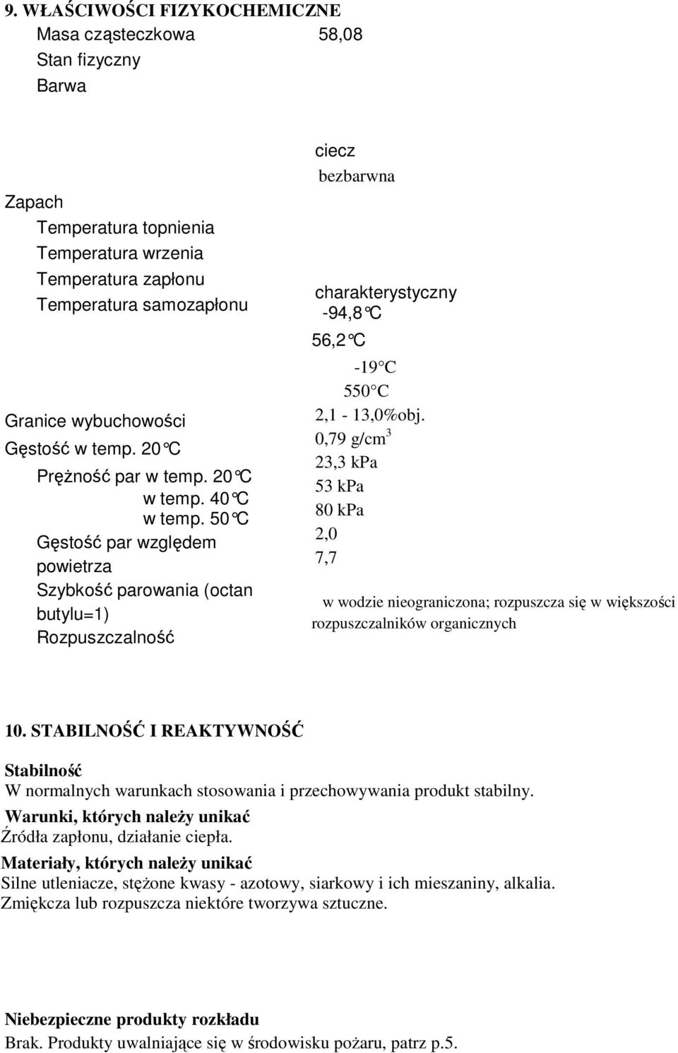 50 C Gęstość par względem powietrza Szybkość parowania (octan butylu=1) Rozpuszczalność ciecz bezbarwna charakterystyczny -94,8 C 56,2 C -19 C 550 C 2,1-13,0%obj.