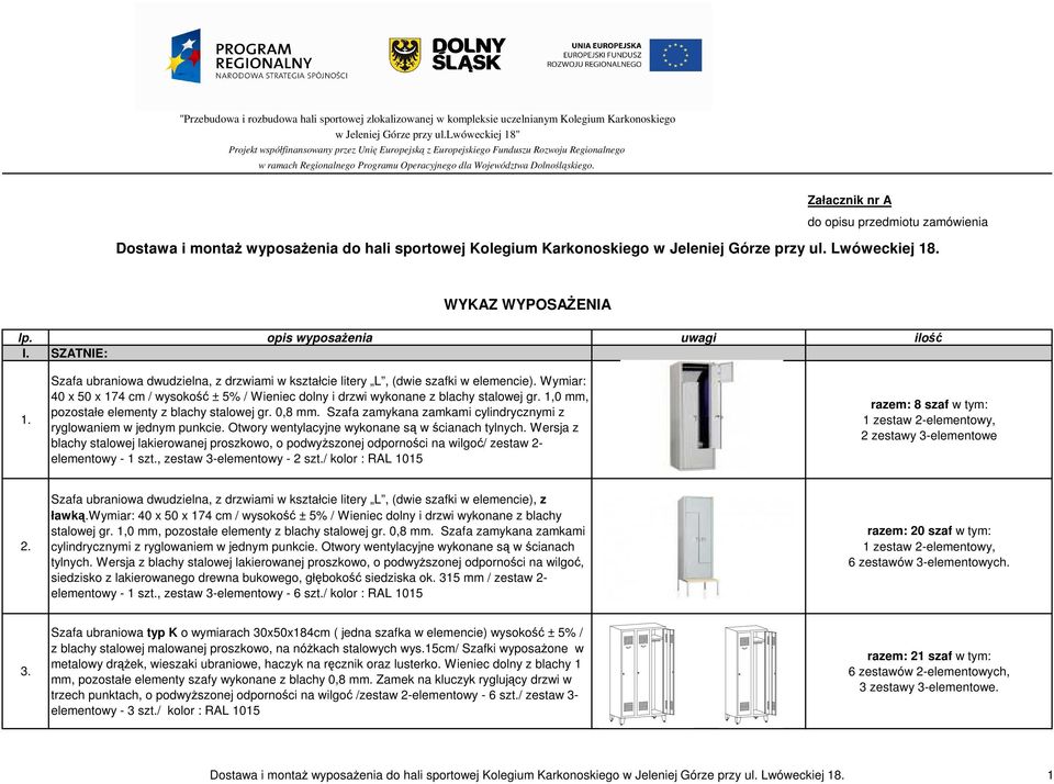 Załacznik nr A do opisu przedmiotu zamówienia Dostawa i montaŝ wyposaŝenia do hali sportowej Kolegium Karkonoskiego w Jeleniej Górze przy ul. Lwóweckiej 18. WYKAZ WYPOSAśENIA lp.