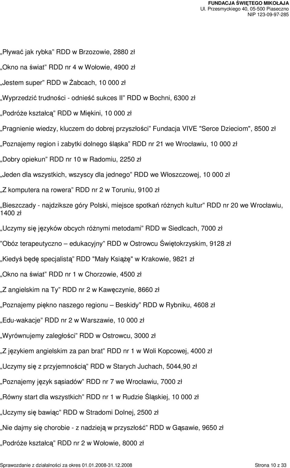 Dobry opiekun RDD nr 10 w Radomiu, 2250 zł Jeden dla wszystkich, wszyscy dla jednego RDD we Włoszczowej, 10 000 zł Z komputera na rowera RDD nr 2 w Toruniu, 9100 zł Bieszczady - najdziksze góry