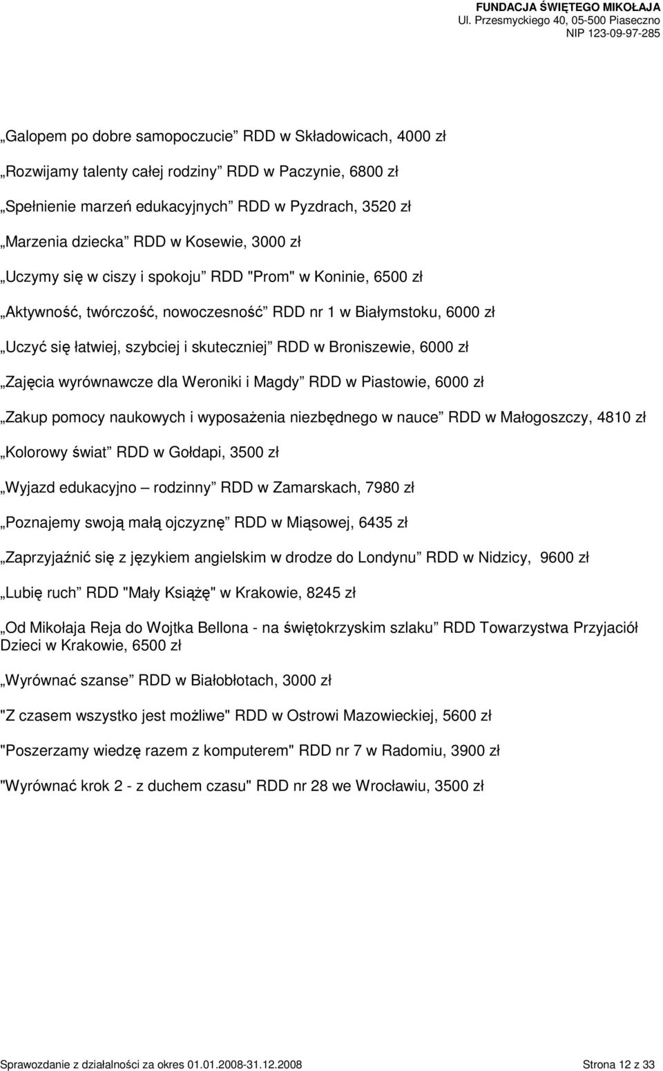 Broniszewie, 6000 zł Zajęcia wyrównawcze dla Weroniki i Magdy RDD w Piastowie, 6000 zł Zakup pomocy naukowych i wyposaŝenia niezbędnego w nauce RDD w Małogoszczy, 4810 zł Kolorowy świat RDD w