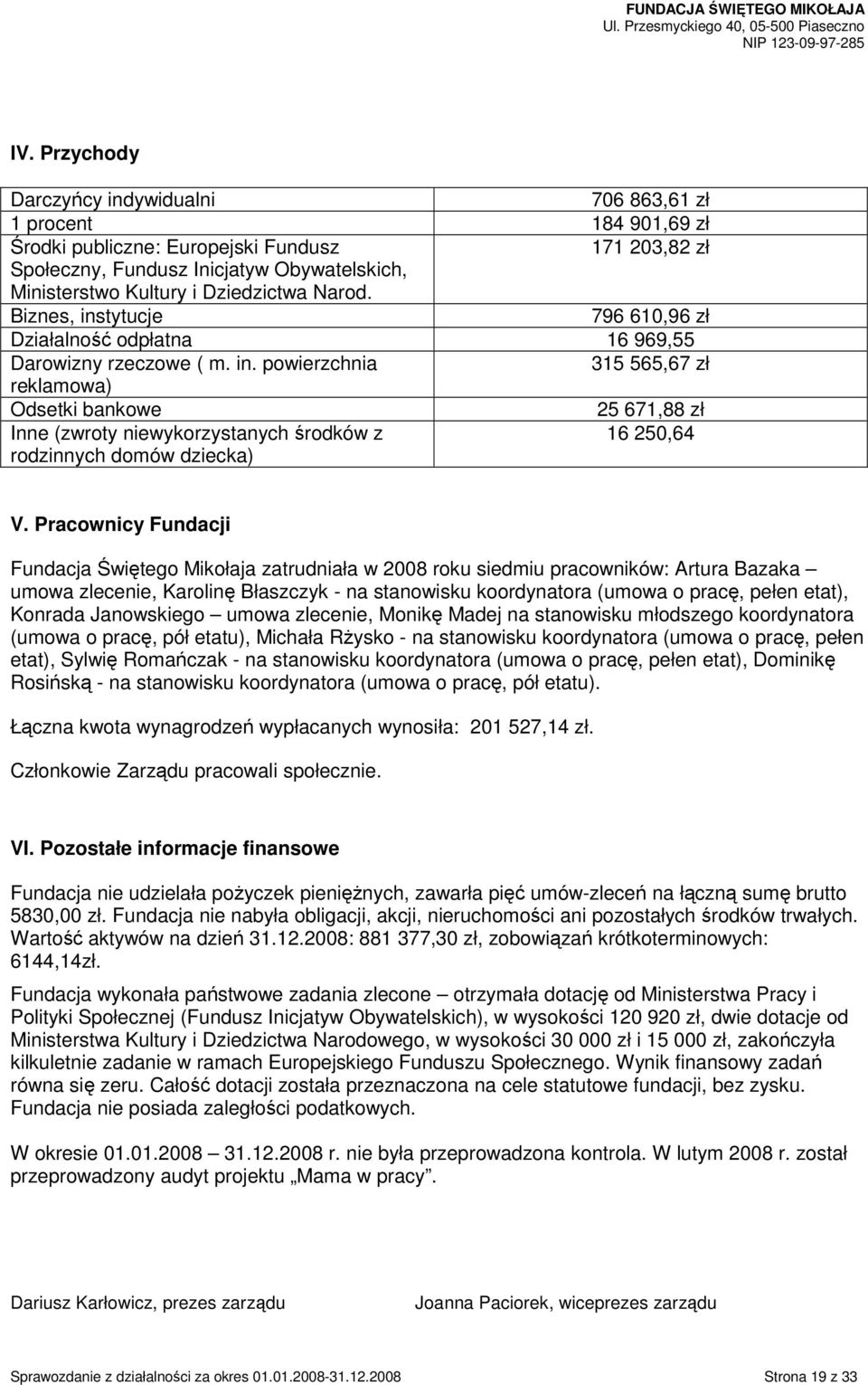 Pracownicy Fundacji Fundacja Świętego Mikołaja zatrudniała w 2008 roku siedmiu pracowników: Artura Bazaka umowa zlecenie, Karolinę Błaszczyk - na stanowisku koordynatora (umowa o pracę, pełen etat),