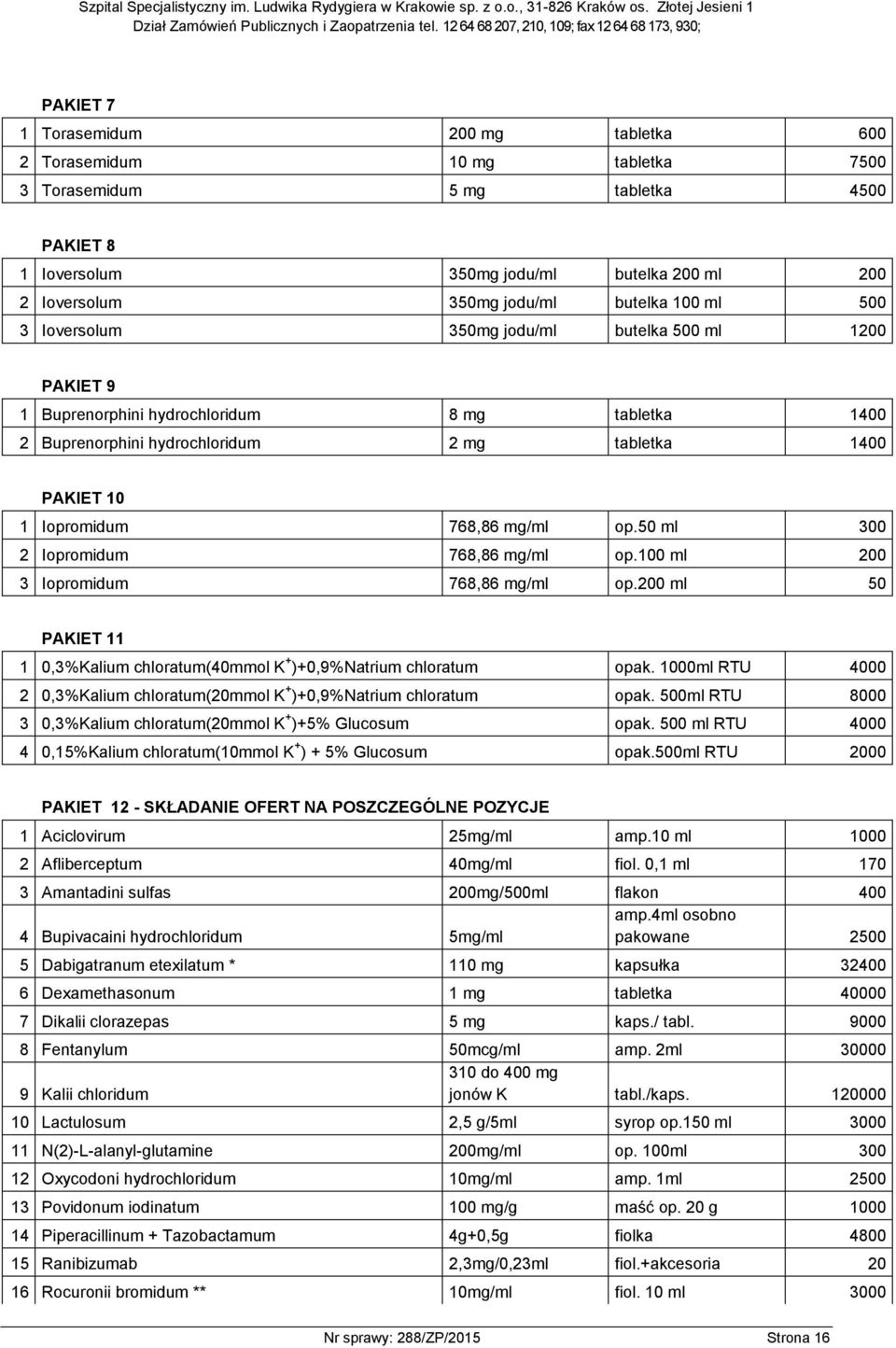 mg/ml op.50 ml 300 2 Iopromidum 768,86 mg/ml op.100 ml 200 3 Iopromidum 768,86 mg/ml op.200 ml 50 PAKIET 11 1 0,3%Kalium chloratum(40mmol K + )+0,9%Natrium chloratum opak.
