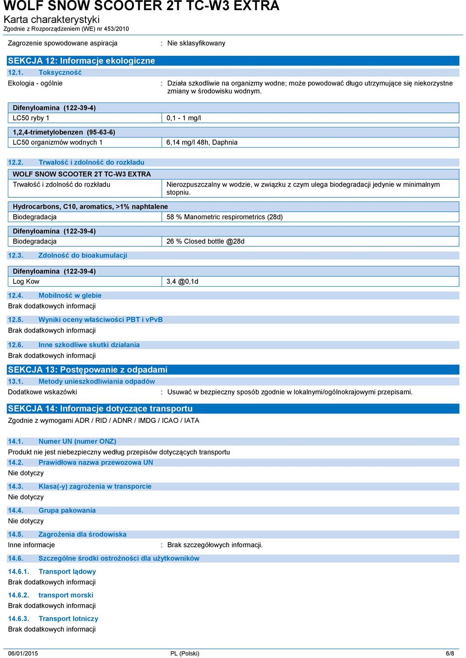 .1. Toksyczność Ekologia - ogólnie Difenyloamina (122-39-4) LC50 ryby 1 1,2,4-trimetylobenzen (95-63-6) LC50 organizmów wodnych 1 : Działa szkodliwie na organizmy wodne; może powodować długo