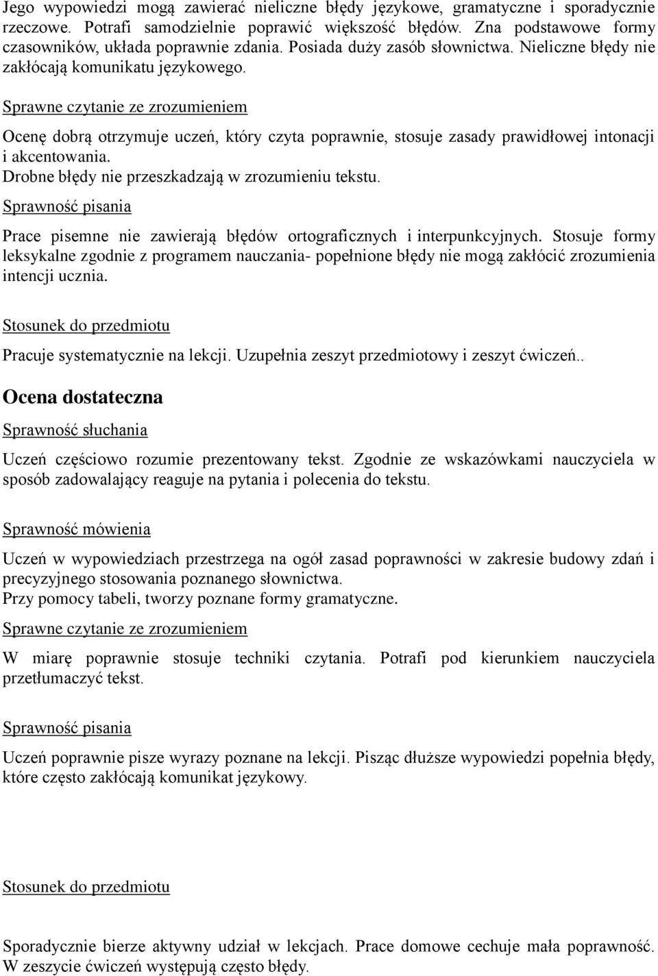 Drobne błędy nie przeszkadzają w zrozumieniu tekstu. Prace pisemne nie zawierają błędów ortograficznych i interpunkcyjnych.