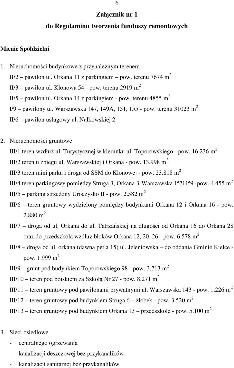 terenu 31023 m 2 II/6 pawilon usługowy ul. Nałkowskiej 2 2. Nieruchomości gruntowe III/1 teren wzdłuŝ ul. Turystycznej w kierunku ul. Toporowskiego - pow. 16.236 m 2 III/2 teren u zbiegu ul.