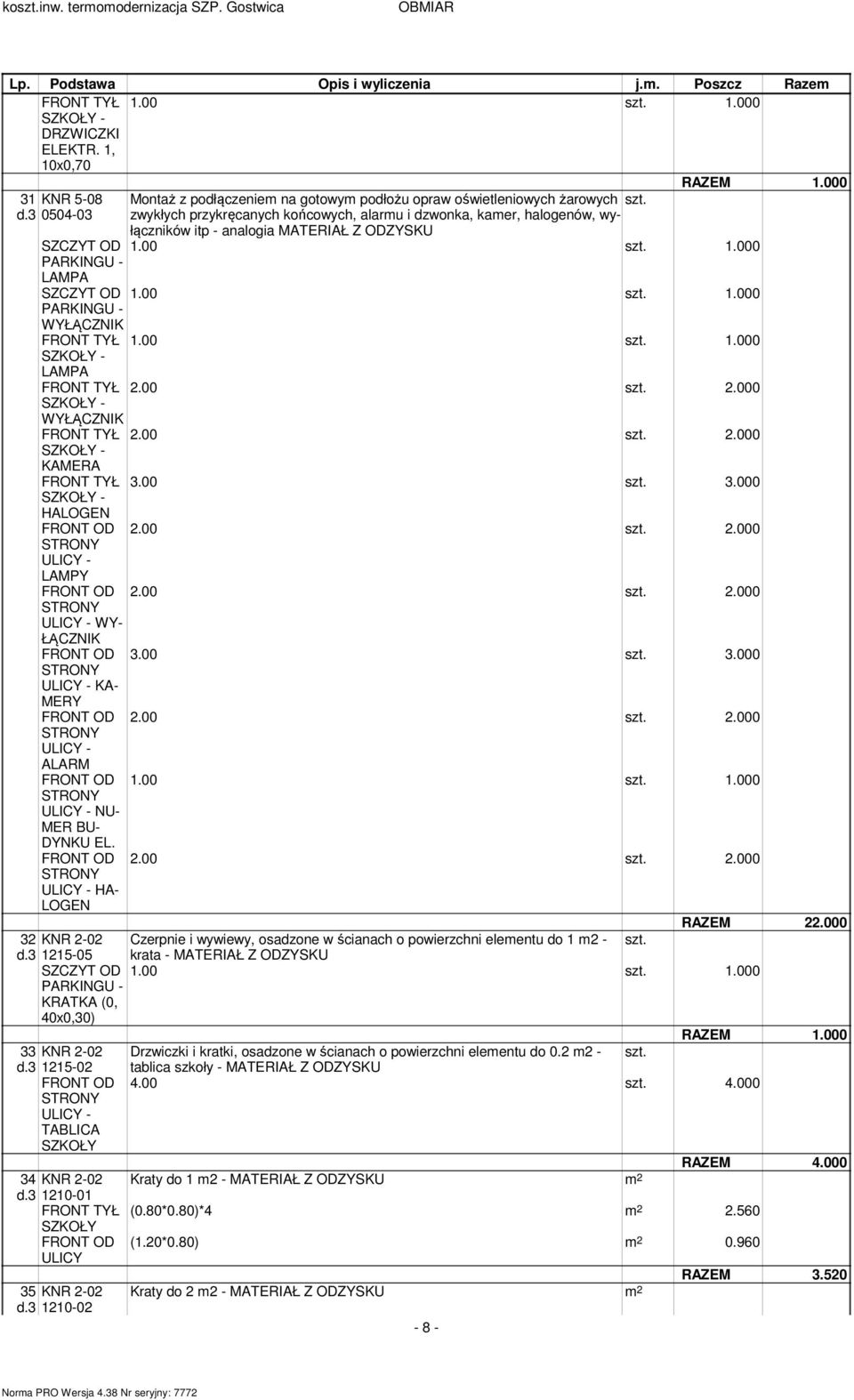 000 - WYŁĄCZNIK 2.00 2.000 - KAMERA 3.00 3.000 - HALOGEN 2.00 2.000 - LAMPY 2.00 2.000 - WY- ŁĄCZNIK 3.00 3.000 - KA- MERY 2.00 2.000 - ALARM 1.00 1.000 - NU- MER BU- DYNKU EL. 2.00 2.000 - HA- LOGEN RAZEM 22.