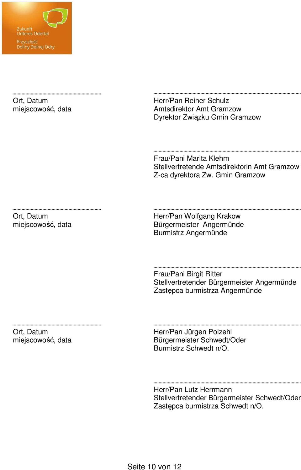 Gmin Gramzow Herr/Pan Wolfgang Krakow Bürgermeister Angermünde Burmistrz Angermünde Frau/Pani Birgit Ritter Stellvertretender