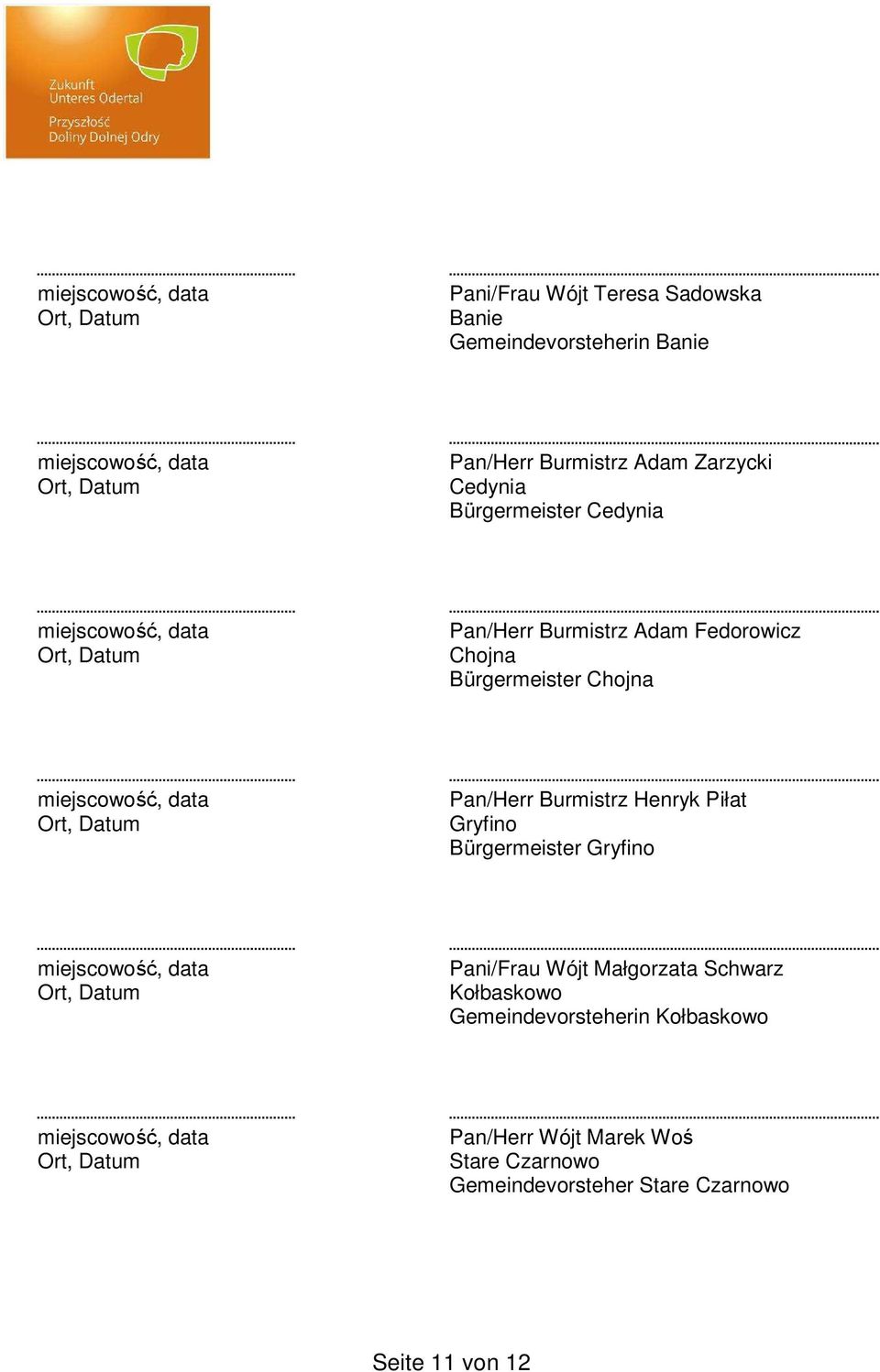 Henryk Piłat Gryfino Bürgermeister Gryfino Pani/Frau Wójt Małgorzata Schwarz Kołbaskowo