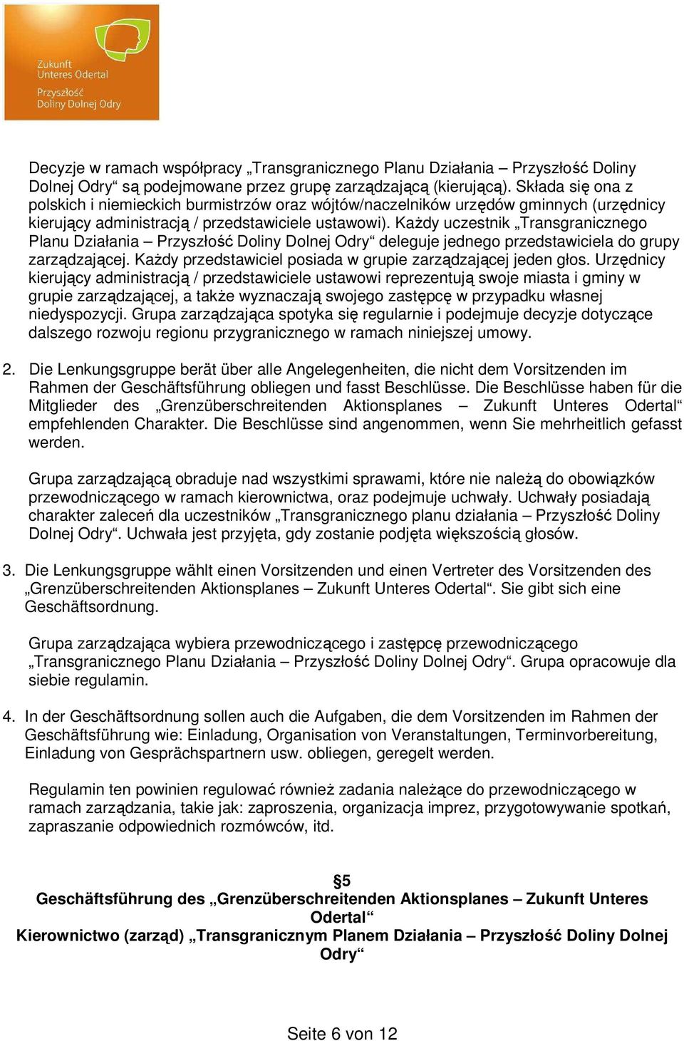 Każdy uczestnik Transgranicznego Planu Działania Przyszłość Doliny Dolnej Odry deleguje jednego przedstawiciela do grupy zarządzającej. Każdy przedstawiciel posiada w grupie zarządzającej jeden głos.