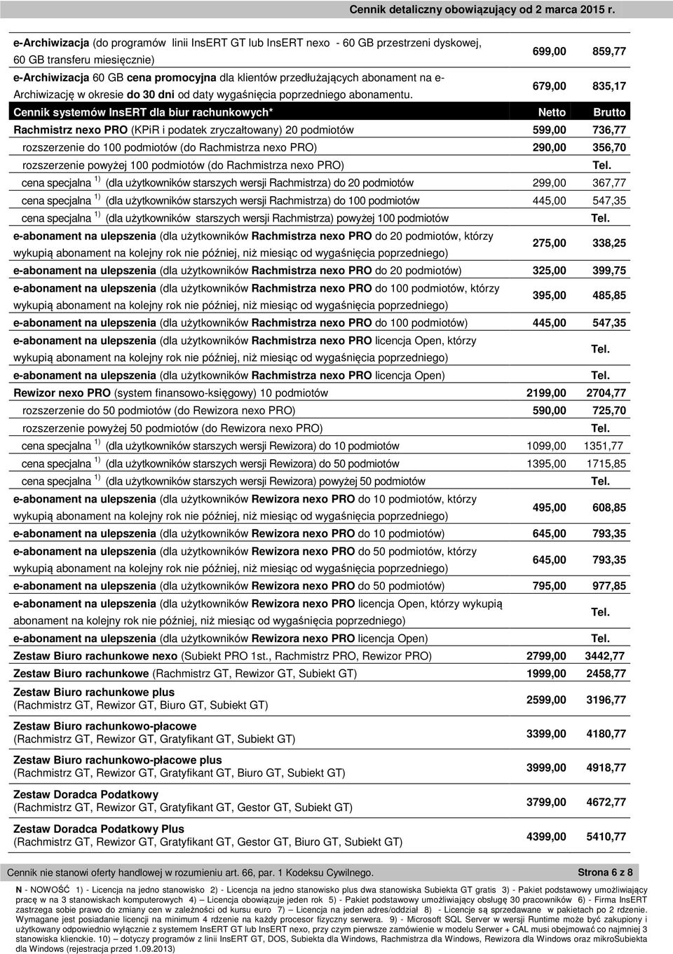 (do Rachmistrza nexo PRO) 290,00 356,70 rozszerzenie powyżej 100 podmiotów (do Rachmistrza nexo PRO) cena specjalna 1) (dla użytkowników starszych wersji Rachmistrza) do 20 podmiotów 299,00 367,77