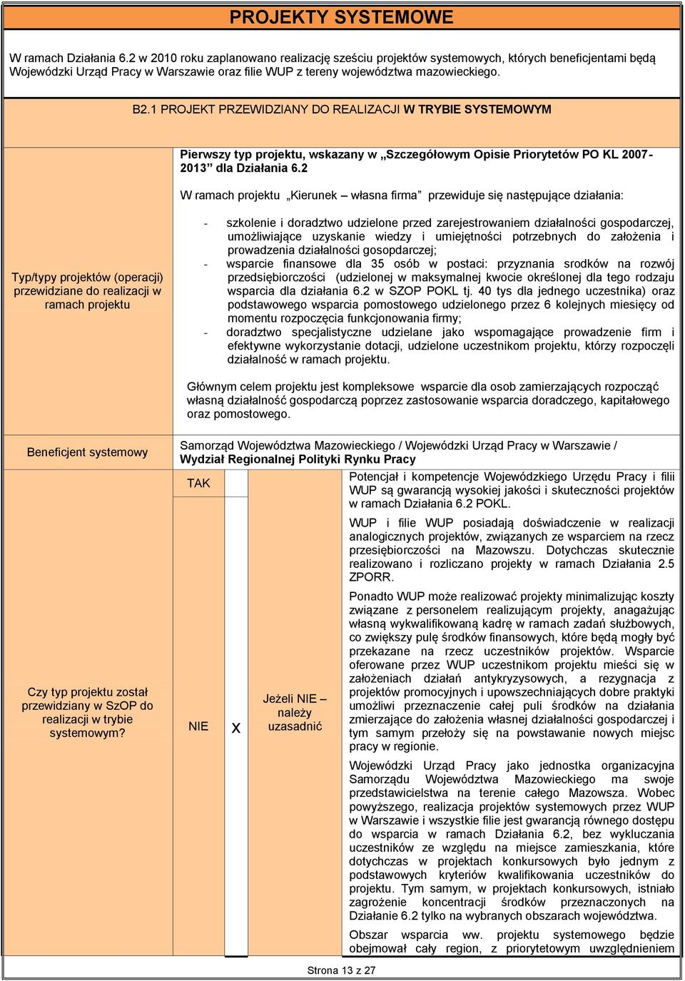 1 PROJEKT PRZEWIDZIANY DO REALIZACJI W TRYBIE SYSTEMOWYM Pierwszy typ, wskazany w Szczegółowym Opisie Priorytetów PO KL 2007-2013 dla Działania 6.
