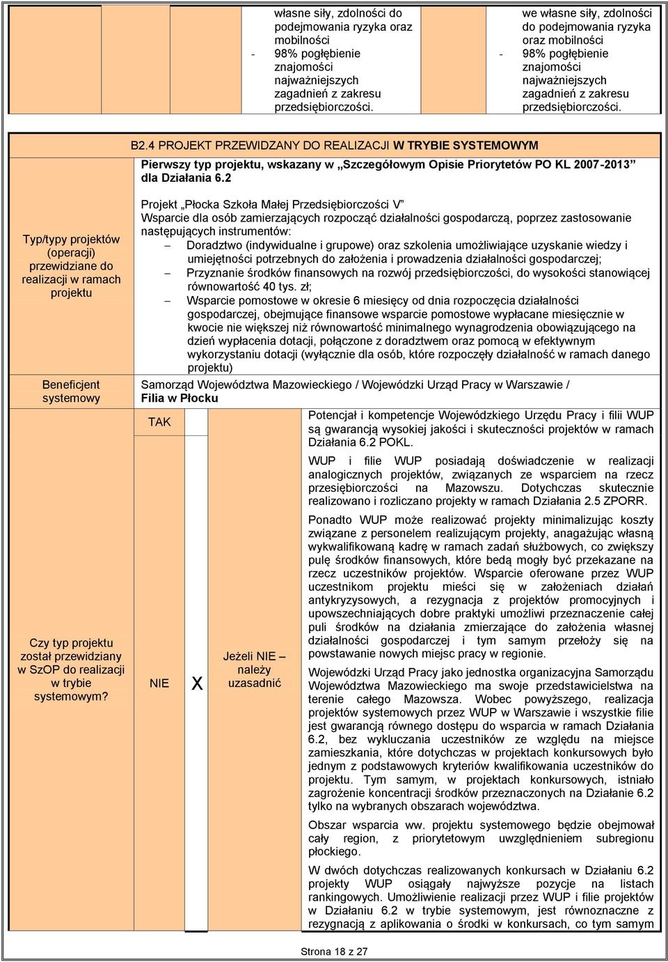 2 Typ/typy projektów (operacji) przewidziane do realizacji w ramach Beneficjent systemowy Czy typ został przewidziany w SzOP do realizacji w trybie systemowym?