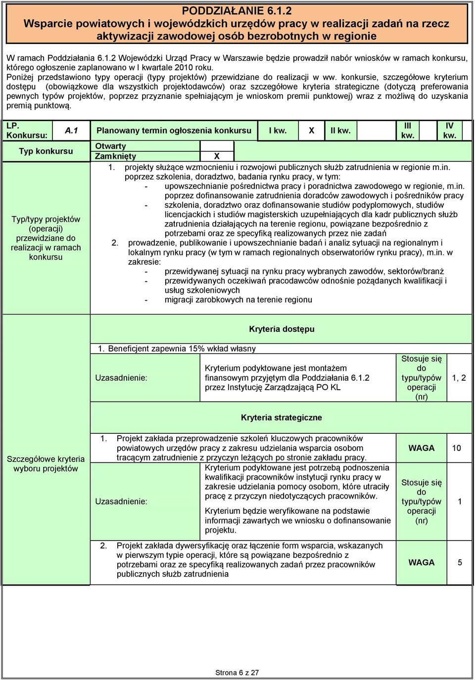 konkursie, szczegółowe kryterium dostępu (obowiązkowe dla wszystkich projektodawców) oraz szczegółowe kryteria strategiczne (dotyczą preferowania pewnych typów projektów, poprzez przyznanie