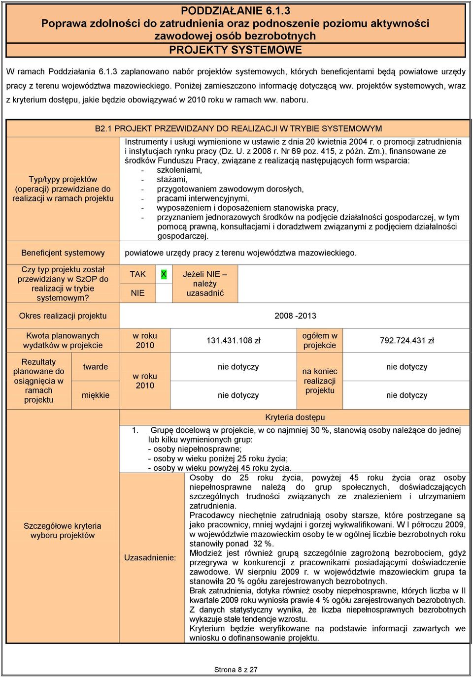 Typ/typy projektów (operacji) przewidziane do realizacji w ramach B2.1 PROJEKT PRZEWIDZANY DO REALIZACJI W TRYBIE SYSTEMOWYM Instrumenty i usługi wymienione w ustawie z dnia 20 kwietnia 2004 r.