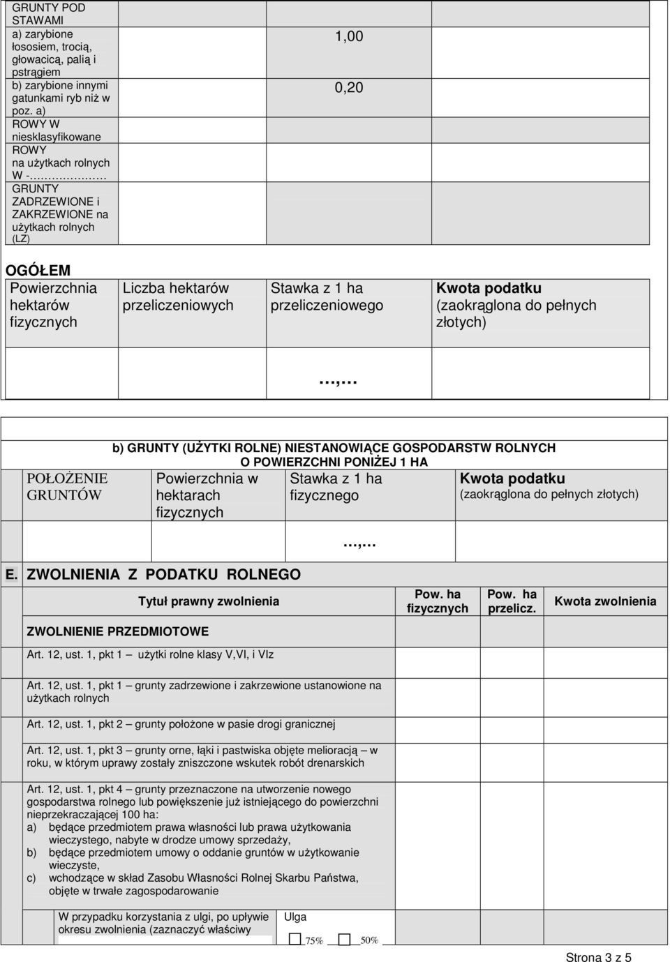 ha przeliczeniowego Kwota podatku (zaokrąglona do pełnych złotych), POŁOŻENIE GRUNTÓW b) GRUNTY (UŻYTKI ROLNE) NIESTANOWIĄCE GOSPODARSTW ROLNYCH O POWIERZCHNI PONIŻEJ 1 HA Powierzchnia w hektarach