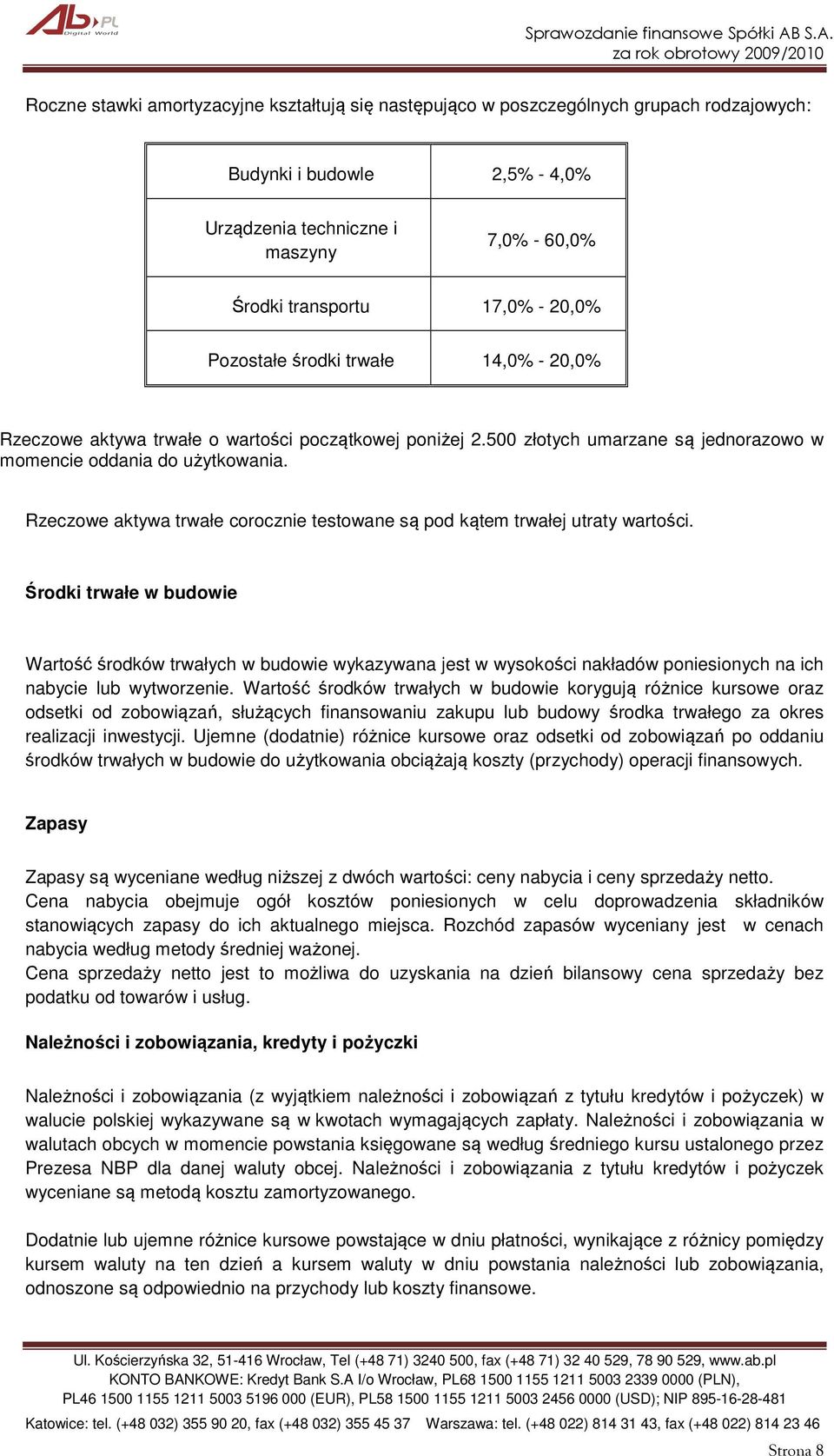 Rzeczowe aktywa trwałe corocznie testowane są pod kątem trwałej utraty wartości.