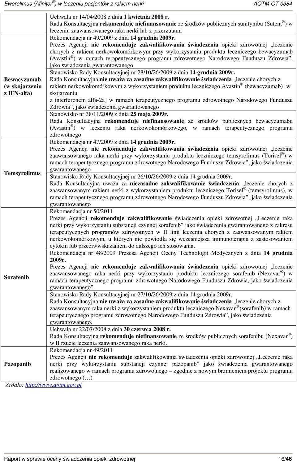 Prezes Agencji nie rekomenduje zakwalifikowania świadczenia opieki zdrowotnej leczenie chorych z rakiem nerkowokomórkowym przy wykorzystaniu produktu leczniczego bewacyzumab (Avastin ) w ramach