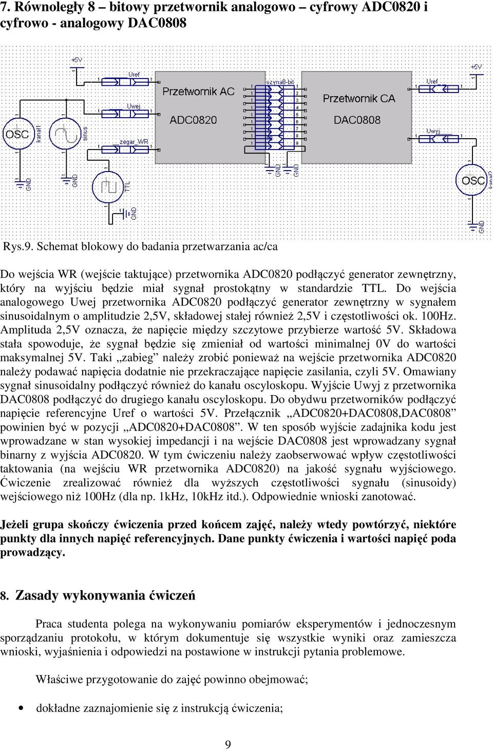 Do wejścia analogowego Uwej przetwornika ADC0820 podłączyć generator zewnętrzny w sygnałem sinusoidalnym o amplitudzie 2,5V, składowej stałej również 2,5V i częstotliwości ok. 100Hz.