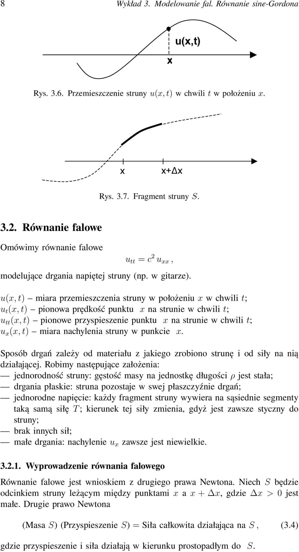 u(x, t) miara przemieszczenia struny w położeniu x w chwili t; u t (x, t) pionowa prędkość punktu x na strunie w chwili t; u tt (x, t) pionowe przyspieszenie punktu x na strunie w chwili t; u x (x,