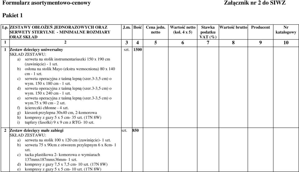 b) osłona na stolik Mayo (ekstra wzmocniona) 80 x 140 cm - 1 szt. c) serweta operacyjna z taśmą lepną (szer.3-3,5 cm) o wym. 150 x 180 cm - 1 szt. d) serweta operacyjna z taśmą lepną (szer.